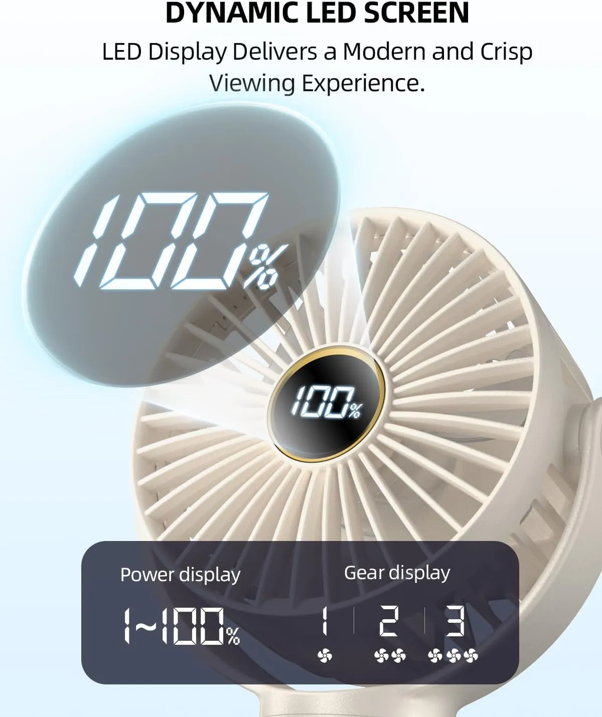 Portable Stroller Mini Fan, Small Rechargeable Personal Cooler w/ 360 Rotation, 3-Speed, Display, Battery Powered Stroller Accessories, Baby Essentials for Car Seat, Crib, Bike, Treadmill, Beige