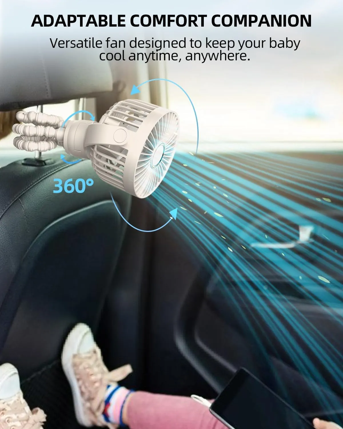 Portable Stroller Mini Fan, Small Rechargeable Personal Cooler w/ 360 Rotation, 3-Speed, Display, Battery Powered Stroller Accessories, Baby Essentials for Car Seat, Crib, Bike, Treadmill, Beige