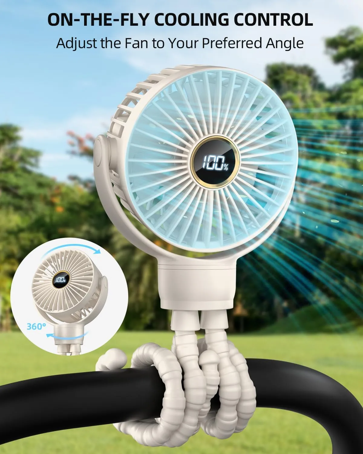 Portable Stroller Mini Fan, Small Rechargeable Personal Cooler w/ 360 Rotation, 3-Speed, Display, Battery Powered Stroller Accessories, Baby Essentials for Car Seat, Crib, Bike, Treadmill, Beige