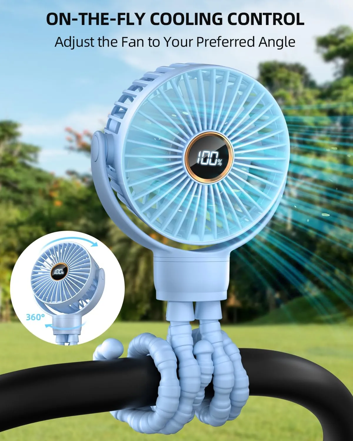 Portable Stroller Mini Fan, Small Rechargeable Personal Cooler w/ 360 Rotation, 3-Speed, Display, Battery Powered Stroller Accessories, Baby Essentials for Car Seat, Crib, Bike, Treadmill, Light Blue