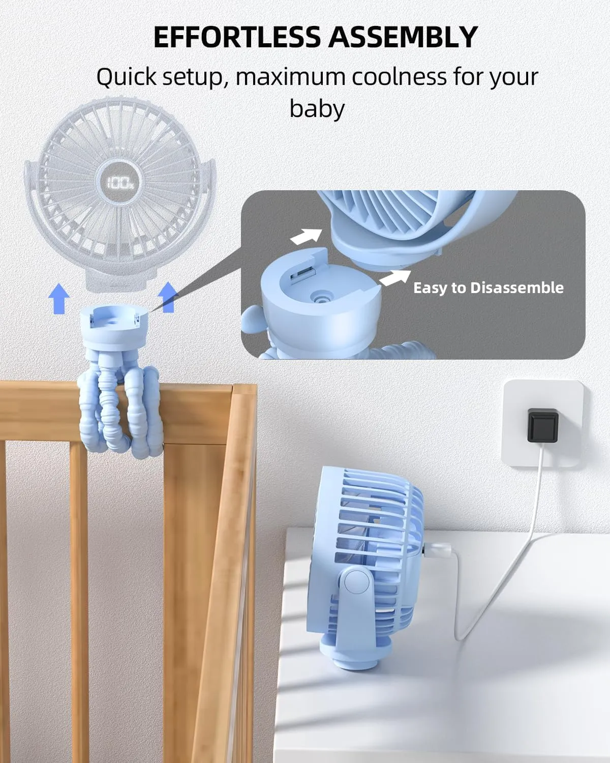 Portable Stroller Mini Fan, Small Rechargeable Personal Cooler w/ 360 Rotation, 3-Speed, Display, Battery Powered Stroller Accessories, Baby Essentials for Car Seat, Crib, Bike, Treadmill, Light Blue