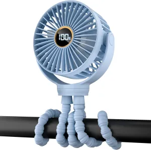 Portable Stroller Mini Fan, Small Rechargeable Personal Cooler w/ 360 Rotation, 3-Speed, Display, Battery Powered Stroller Accessories, Baby Essentials for Car Seat, Crib, Bike, Treadmill, Light Blue Mini handheld fan for personal cooling