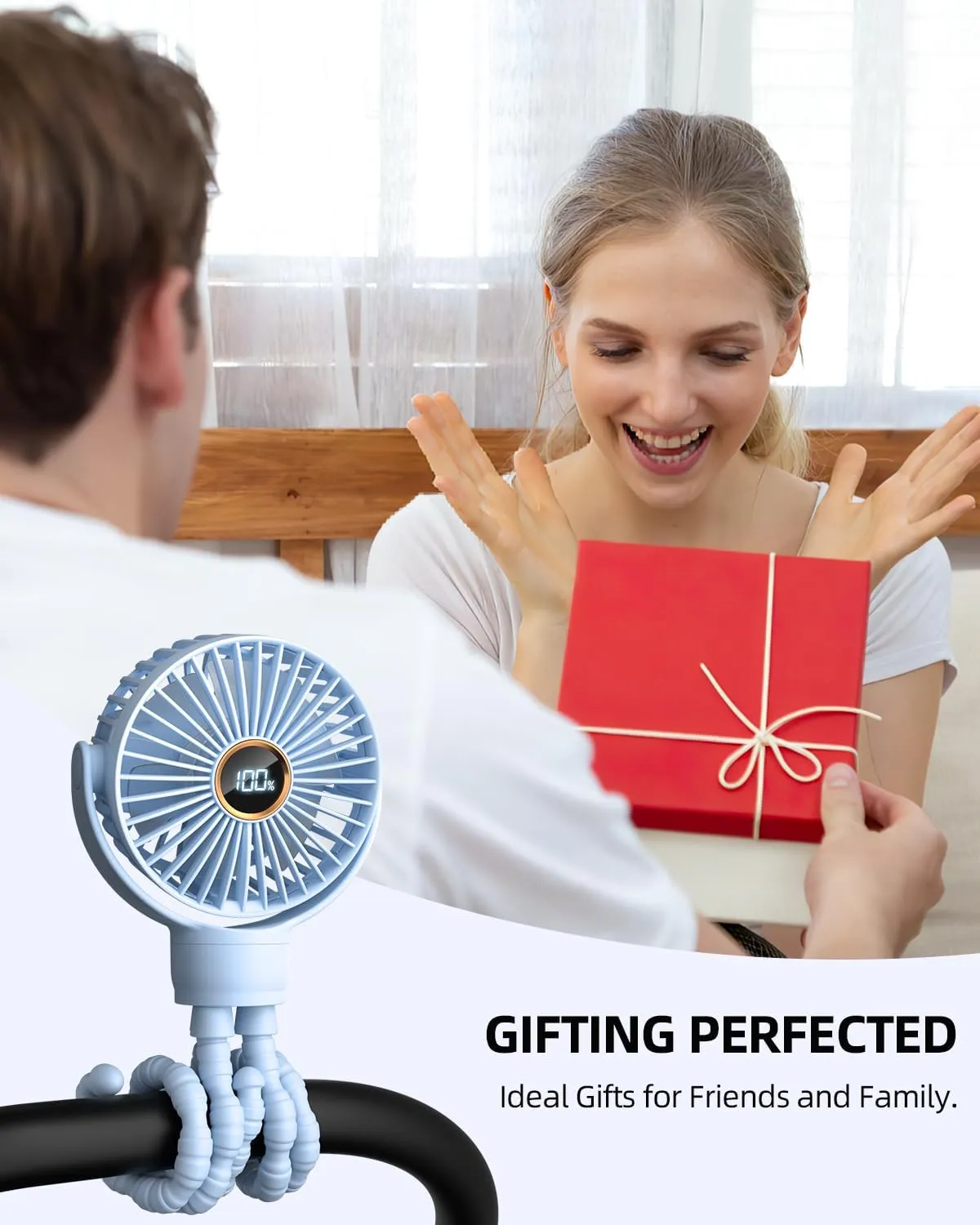 Portable Stroller Mini Fan, Small Rechargeable Personal Cooler w/ 360 Rotation, 3-Speed, Display, Battery Powered Stroller Accessories, Baby Essentials for Car Seat, Crib, Bike, Treadmill, Light Blue