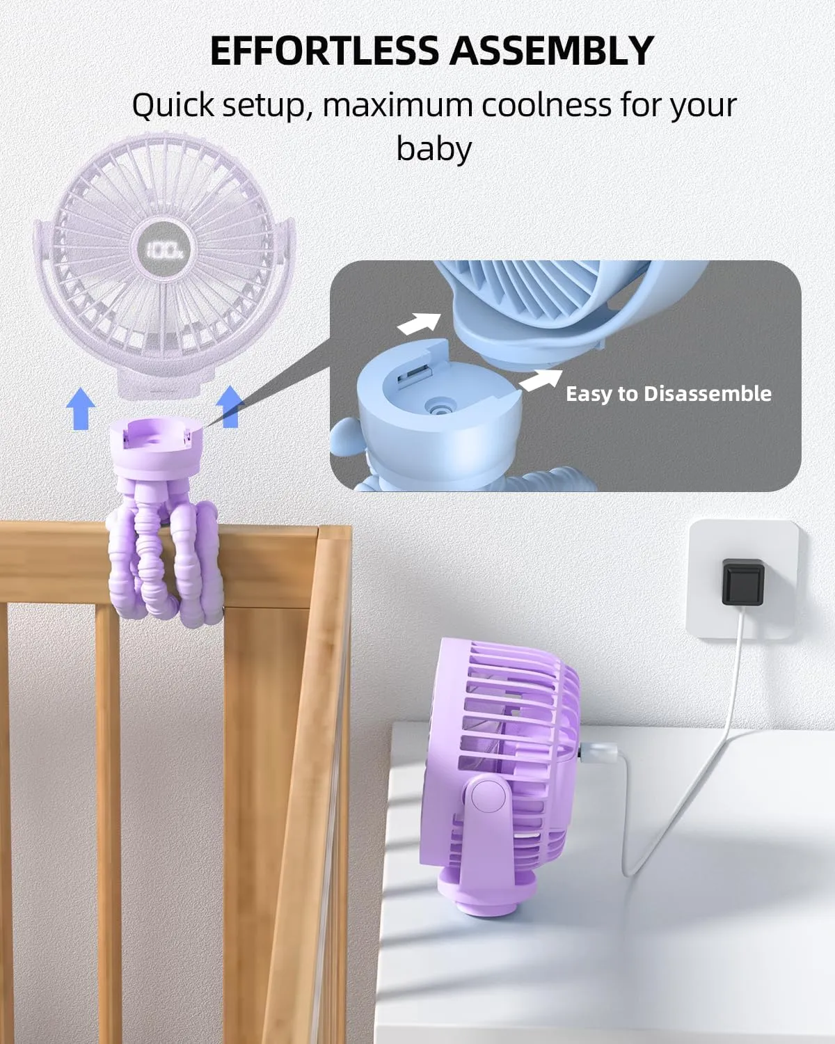 Portable Stroller Mini Fan, Small Rechargeable Personal Cooler w/ 360 Rotation, 3-Speed, Display, Battery Powered Stroller Accessories, Baby Essentials for Car Seat Crib Bike Treadmill, Light Purple