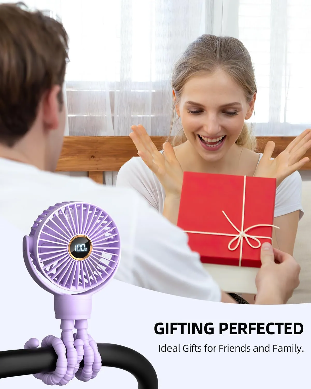 Portable Stroller Mini Fan, Small Rechargeable Personal Cooler w/ 360 Rotation, 3-Speed, Display, Battery Powered Stroller Accessories, Baby Essentials for Car Seat Crib Bike Treadmill, Light Purple