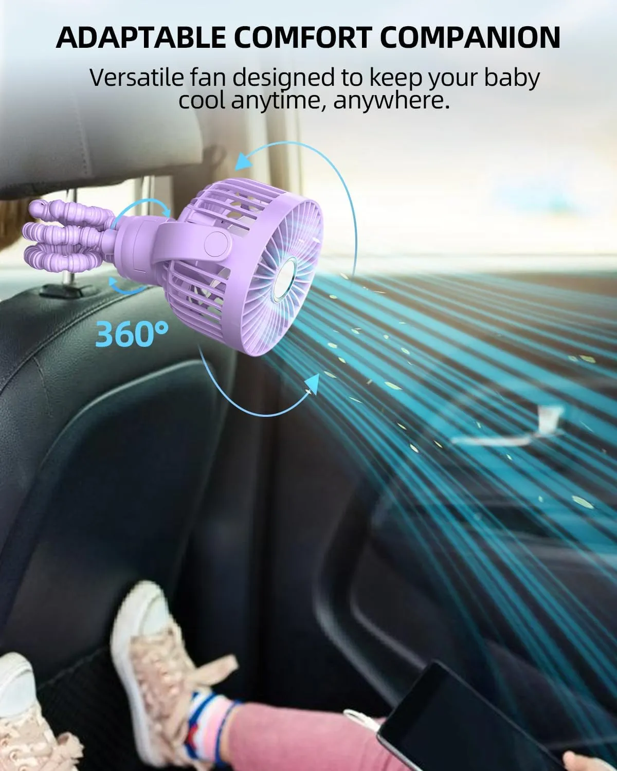 Portable Stroller Mini Fan, Small Rechargeable Personal Cooler w/ 360 Rotation, 3-Speed, Display, Battery Powered Stroller Accessories, Baby Essentials for Car Seat Crib Bike Treadmill, Light Purple