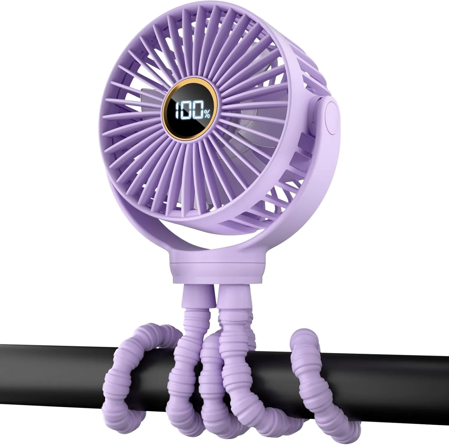 Portable Stroller Mini Fan, Small Rechargeable Personal Cooler w/ 360 Rotation, 3-Speed, Display, Battery Powered Stroller Accessories, Baby Essentials for Car Seat Crib Bike Treadmill, Light Purple Mini handheld fan for personal cooling