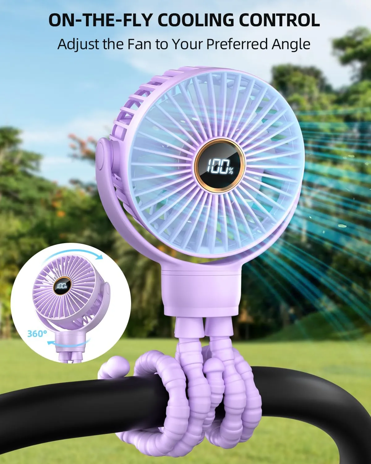 Portable Stroller Mini Fan, Small Rechargeable Personal Cooler w/ 360 Rotation, 3-Speed, Display, Battery Powered Stroller Accessories, Baby Essentials for Car Seat Crib Bike Treadmill, Light Purple