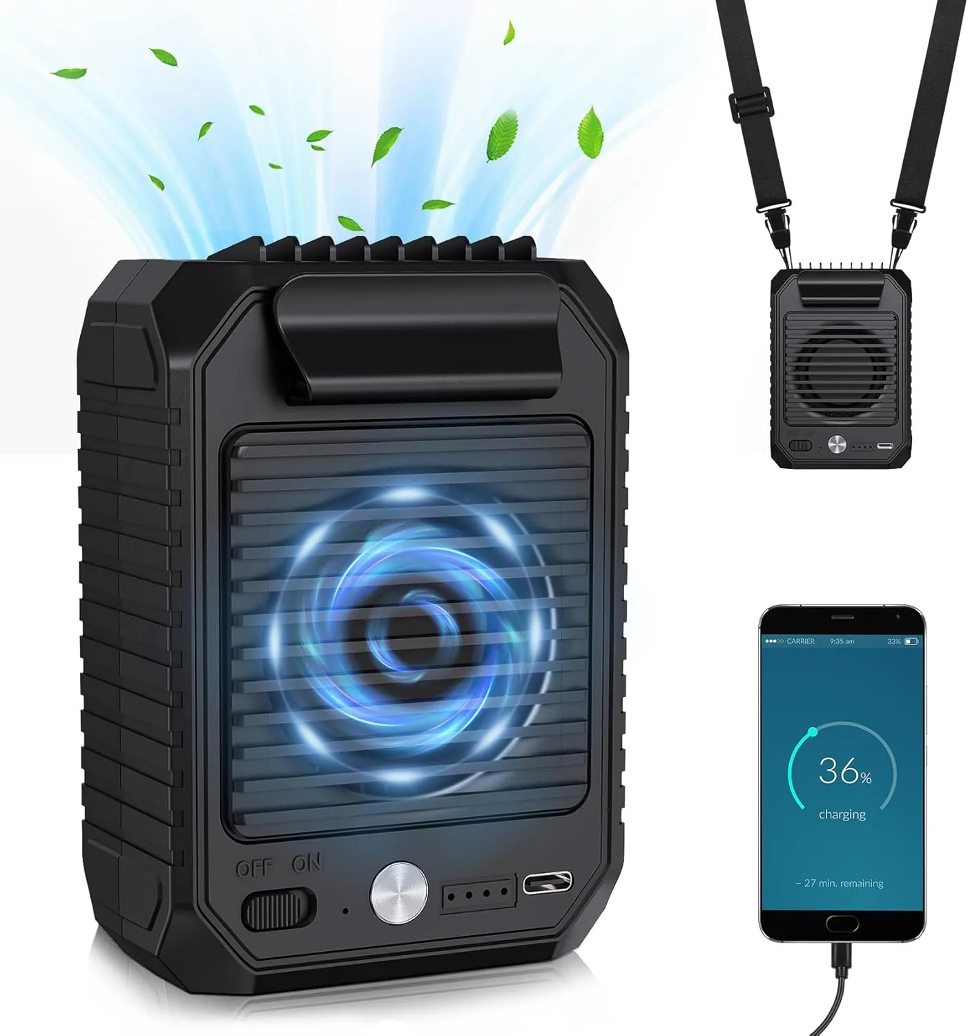 Portable Waist Clip Fan Rechargeable with 10000mAh Power Bank, 24H Runtime 3-Speed Hands-Free Personal Waist Fan, 6500RPM Cooling Neck Fan, Wearable Belt Fans for Office, Gym, Hiking, Travel & Camping Waist-mounted portable fan for outdoor use