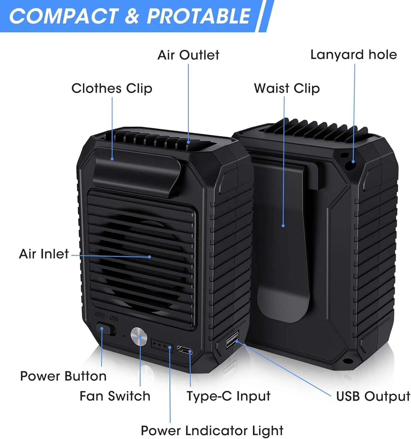 Portable Waist Clip Fan Rechargeable with 10000mAh Power Bank, 24H Runtime 3-Speed Hands-Free Personal Waist Fan, 6500RPM Cooling Neck Fan, Wearable Belt Fans for Office, Gym, Hiking, Travel & Camping