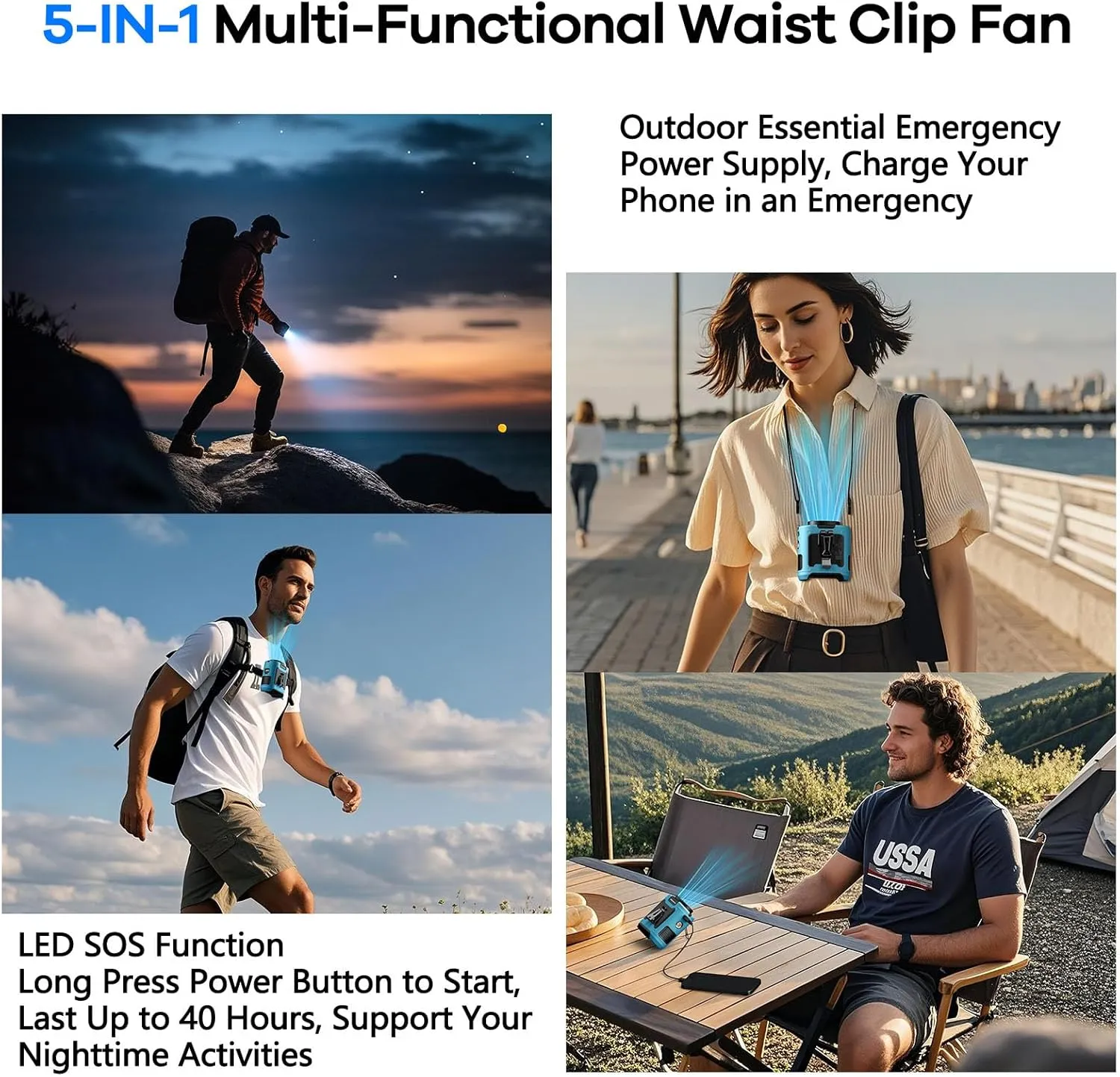 Portable Waist Clip Fan, Upgraded 10000mAh Rechargeable Battery Wearable Belt Personal Fan, 16000RPM Powerful 5 Speeds Shirt with Flashlight Neck Hands-Free 40H Cooling (Blue)