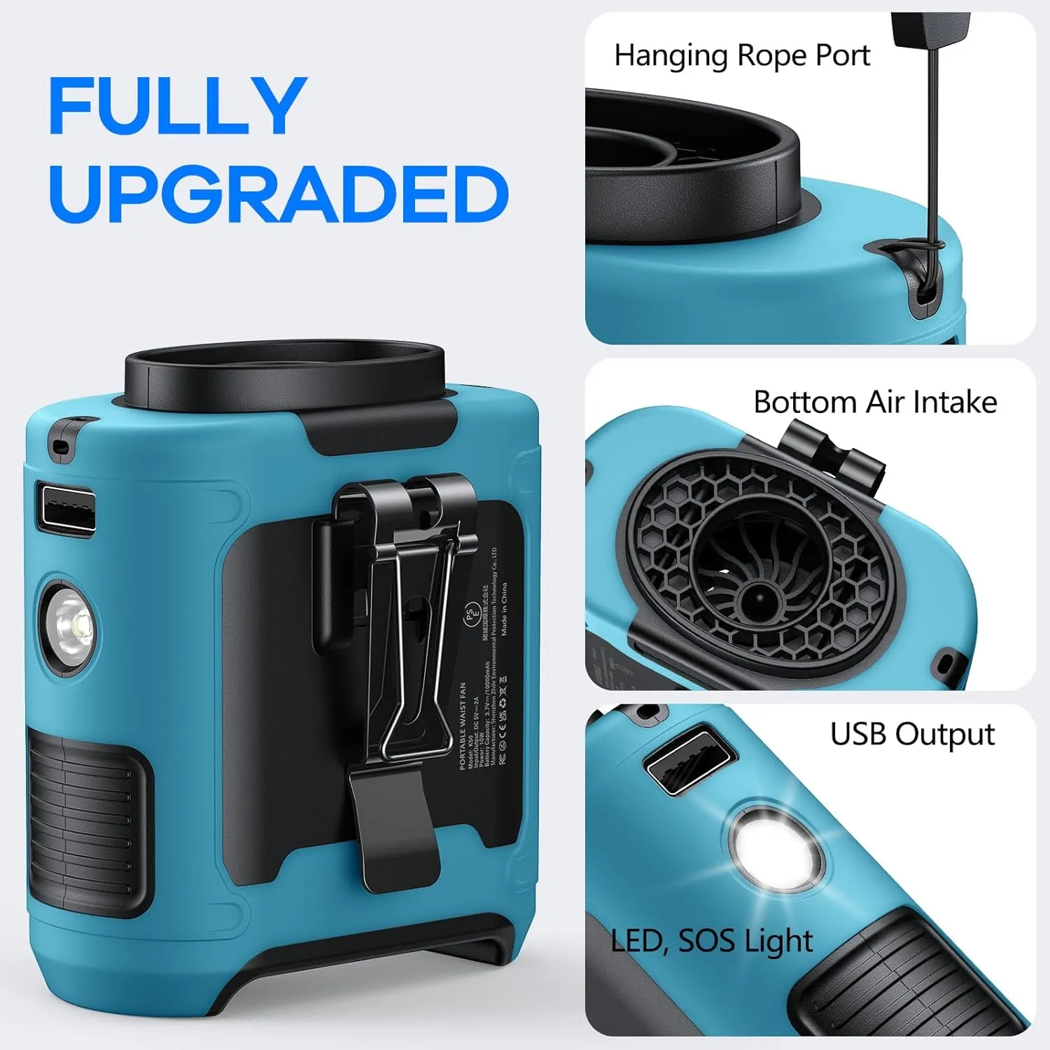Portable Waist Clip Fan, Upgraded 10000mAh Rechargeable Battery Wearable Belt Personal Fan, 16000RPM Powerful 5 Speeds Shirt with Flashlight Neck Hands-Free 40H Cooling (Blue)