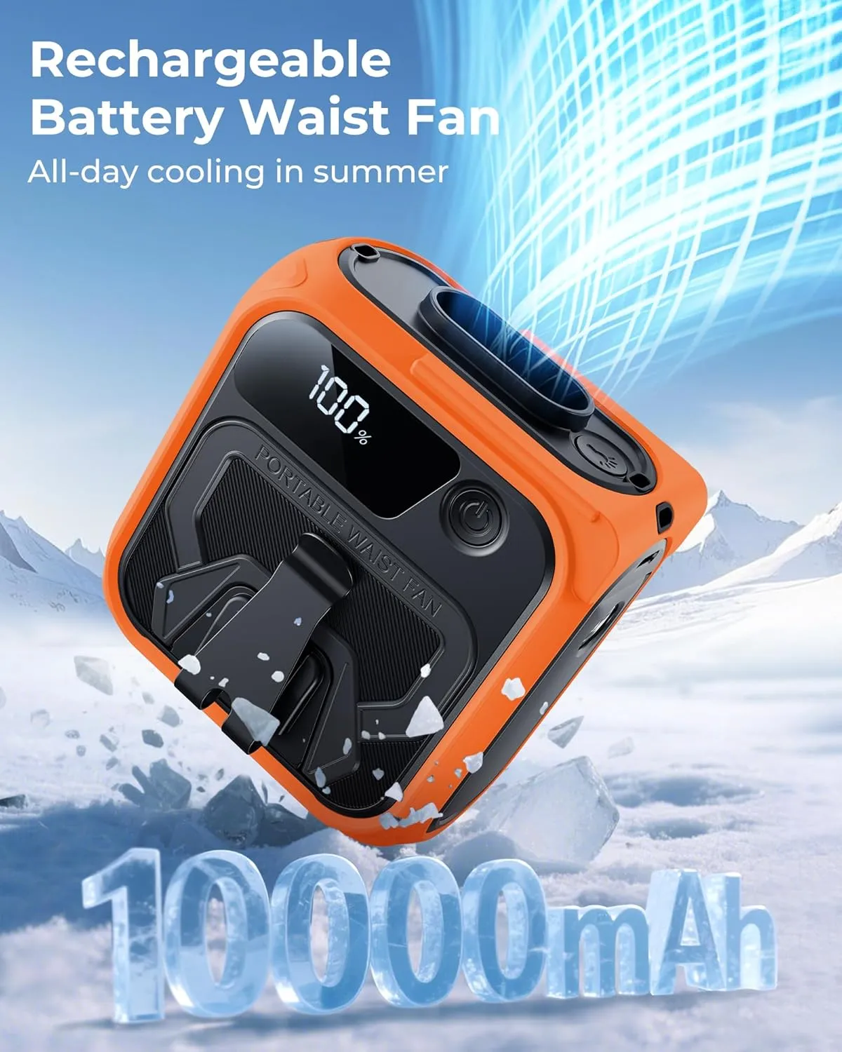 Portable Waist Fan, 10000mAh Rechargeable Belt Fan, Clip-On Waist Fans with 5 Adjustable Speeds, Up to 40H Battery Life, LED Display & Flashlight, for construction workers, Outdoor, Camping-Orange
