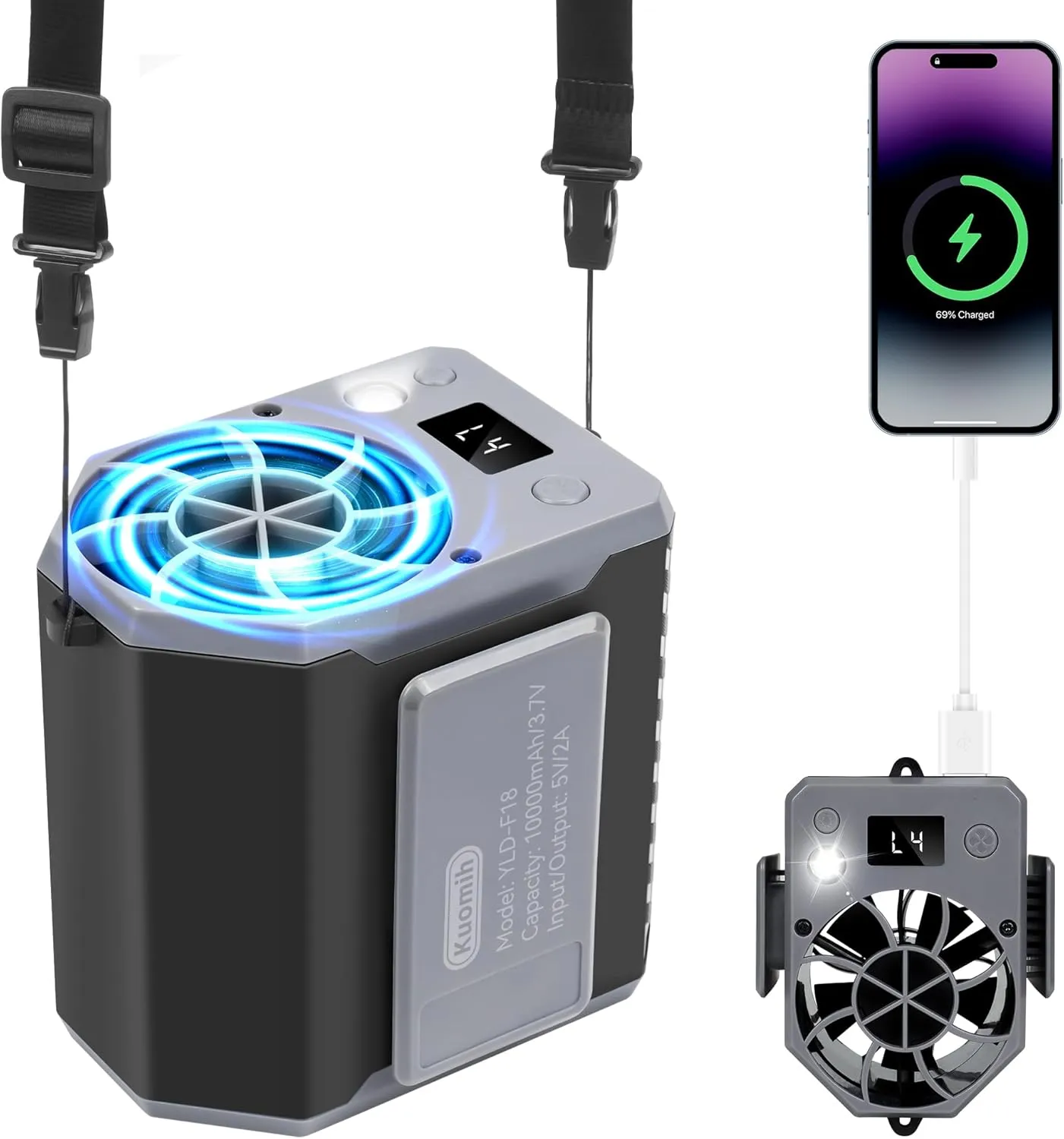 Portable Waist Fan, 10000mAh Rechargeable Waist Belt Clip Fan, 10000RPM 4 Speeds, 24H Working Time, Hands-Free Wearable Design for Outdoor Workers, Camping, Hiking Waist-mounted portable fan for outdoor use