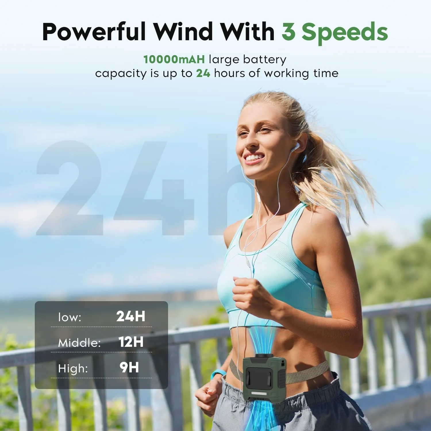Portable Waist Fan 10000mAh Rechargeable Waist Clip Fan 18000RPM With Max 12H Working Time 3-speed adjustment with LED flashlight Portable Fan for Outdoor Jobsite and etc