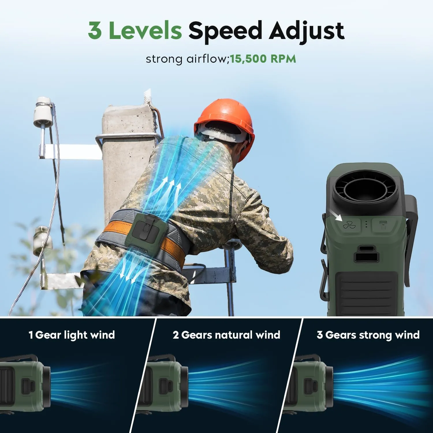 Portable Waist Fan 10000mAh Rechargeable Waist Clip Fan 18000RPM With Max 12H Working Time 3-speed adjustment with LED flashlight Portable Fan for Outdoor Jobsite and etc