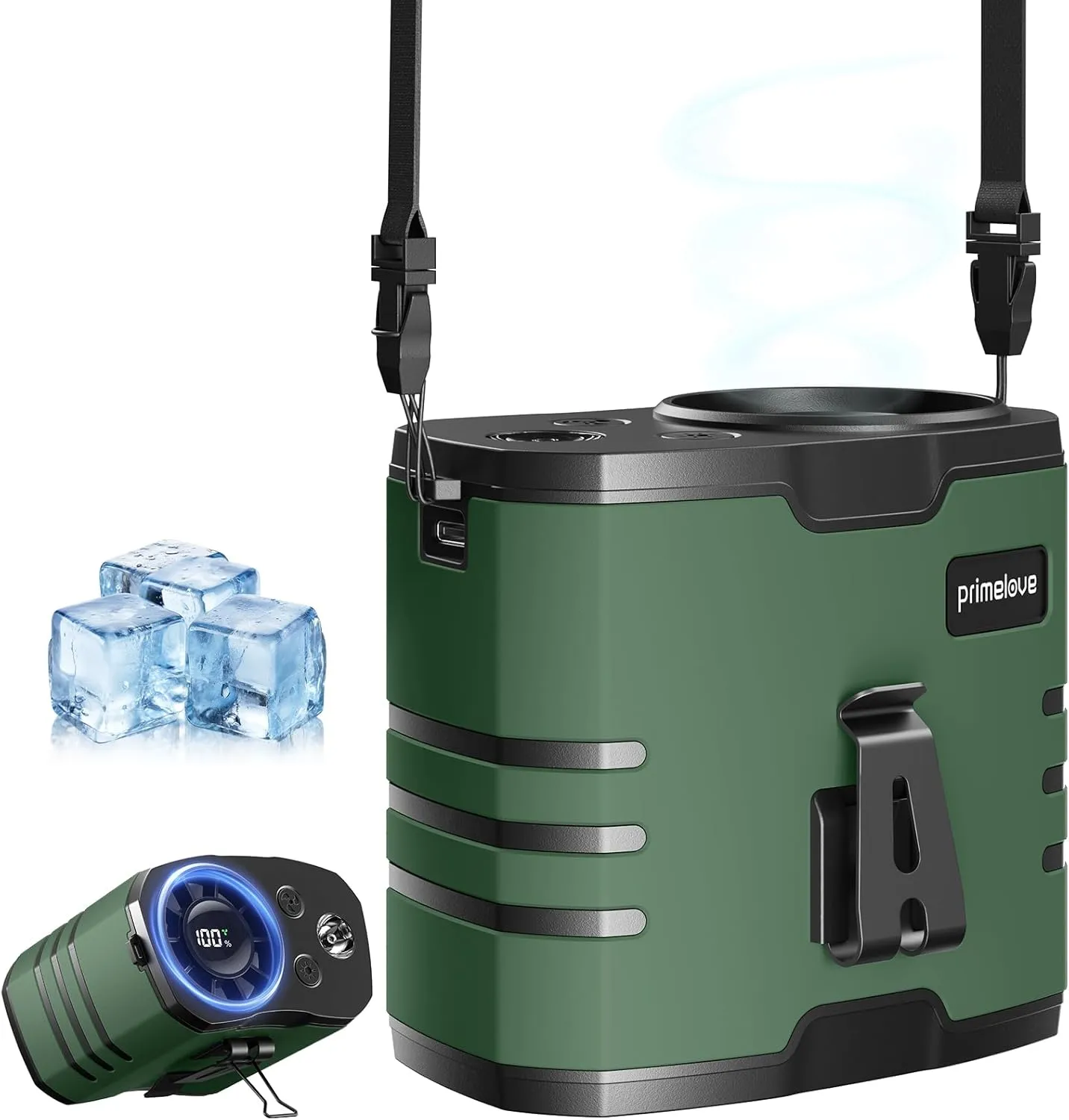 Portable Waist Fan 10000mAh Rechargeable,Clip on Belt Fan With 10 Speeds 16000PRM Strong Airflow,Hands-Free Hanging Neck Fan,Long-Lasting Cooling for Camping,Hiking,Outdoor,Jobsite,Green Waist-mounted portable fan for outdoor use