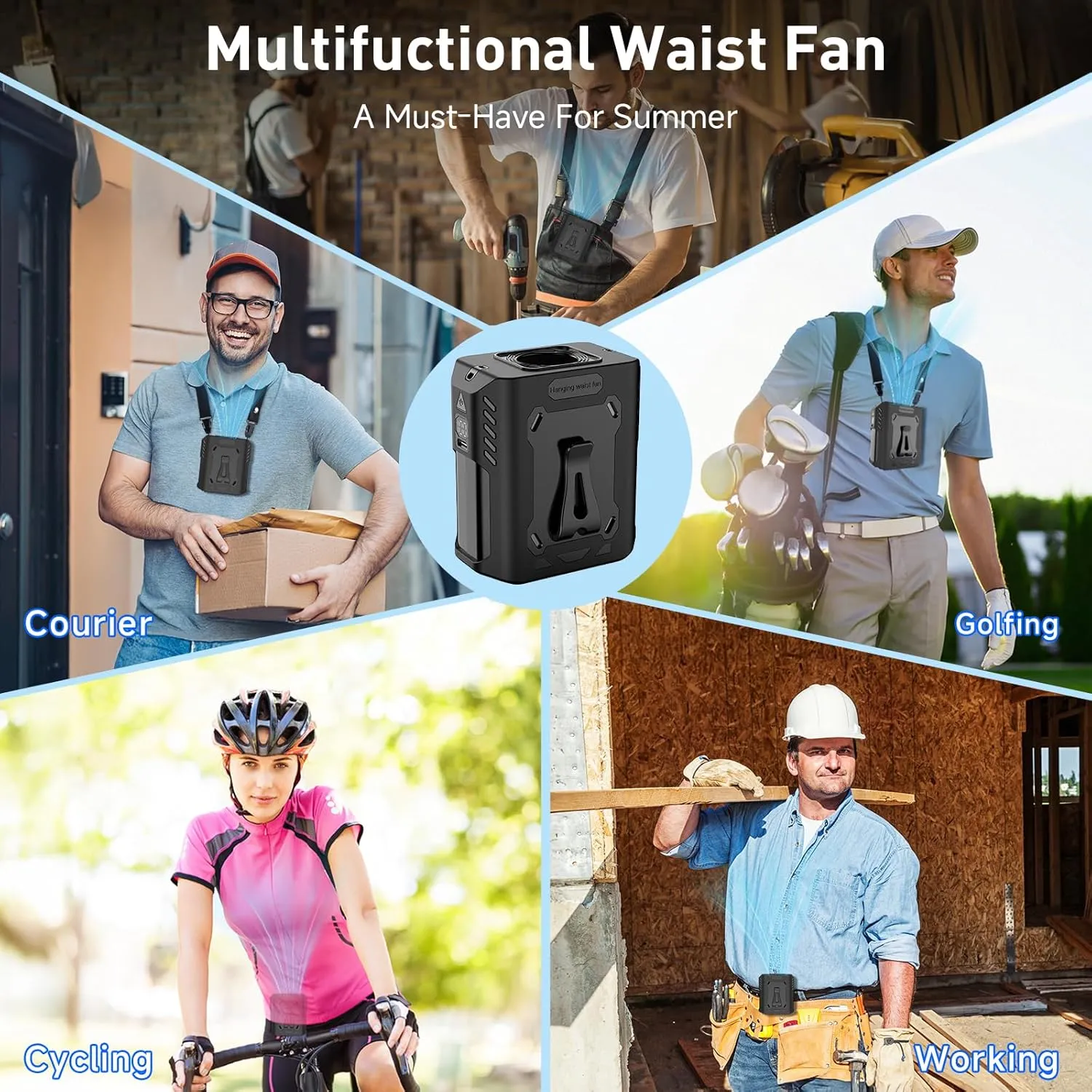 Portable Waist Fan, 5-Speed 14800RPM Strong Airflow Portable Fan[Max 25H Working Time], Hands-Free Neck Fan, Rechargeable Wearable Belt Fans for Camping/Outdoor/Jobsite/Travel/Farms(Jet Black)