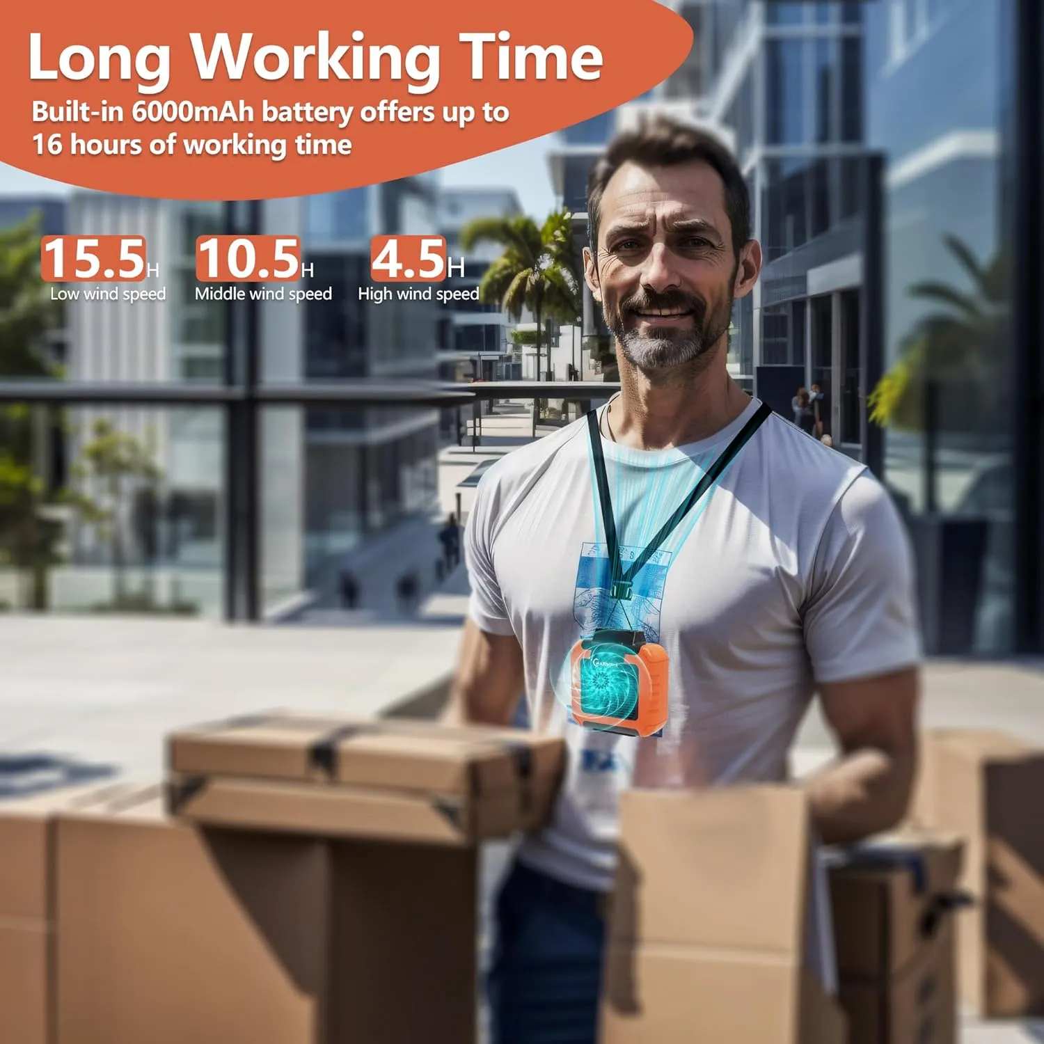 Portable Waist Fan - 6000mAh Battery, 3 Speeds, Strong Airflow, Up to 16 Hours Working Time, Portable Hands-Free Cooling Belt Clip Fan for Construction Workers, Couriers, and Campers