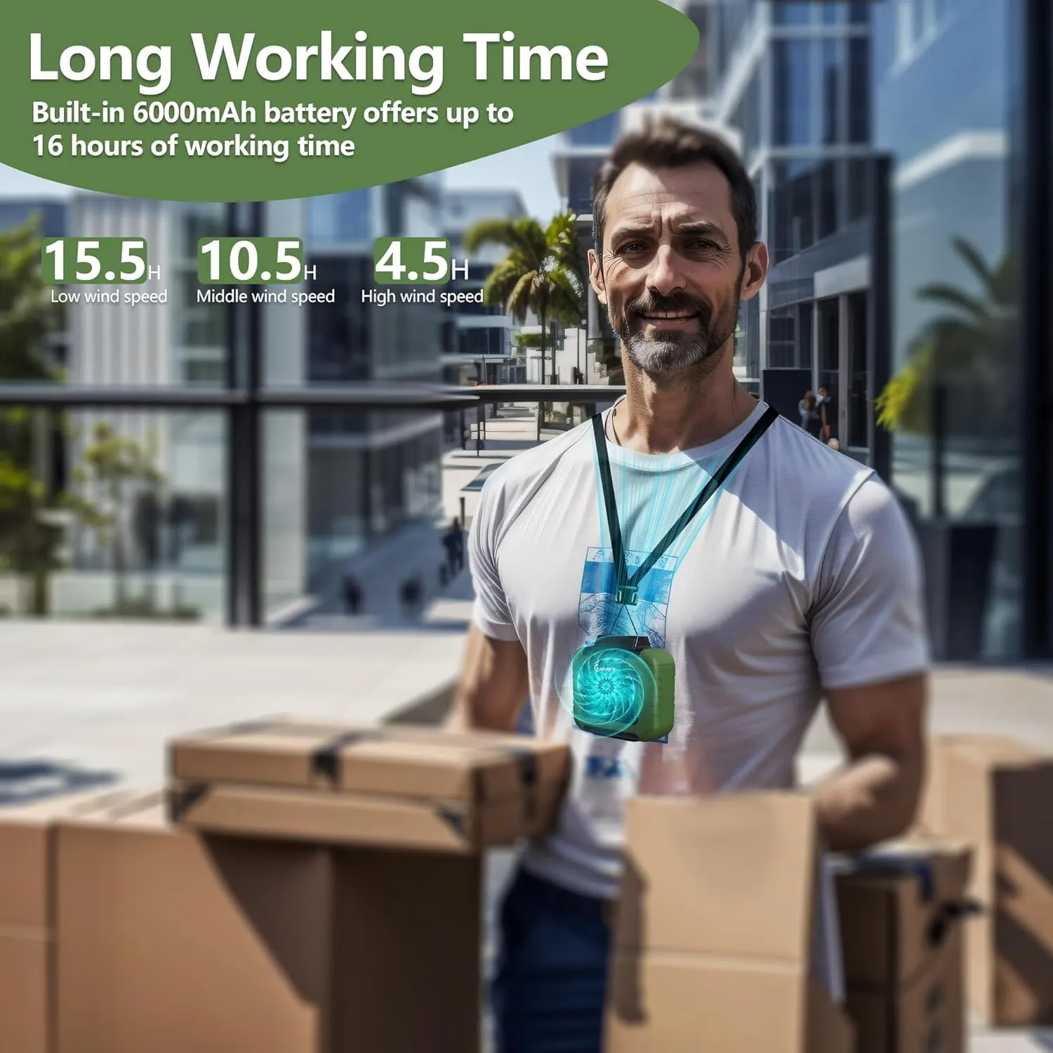 Portable Waist Fan - 6000mAh Battery, 3 Speeds, Strong Airflow, Up to 16 Hours Working Time, Portable Hands-Free Cooling Belt Clip Fan for Construction Workers, Couriers, and Campers