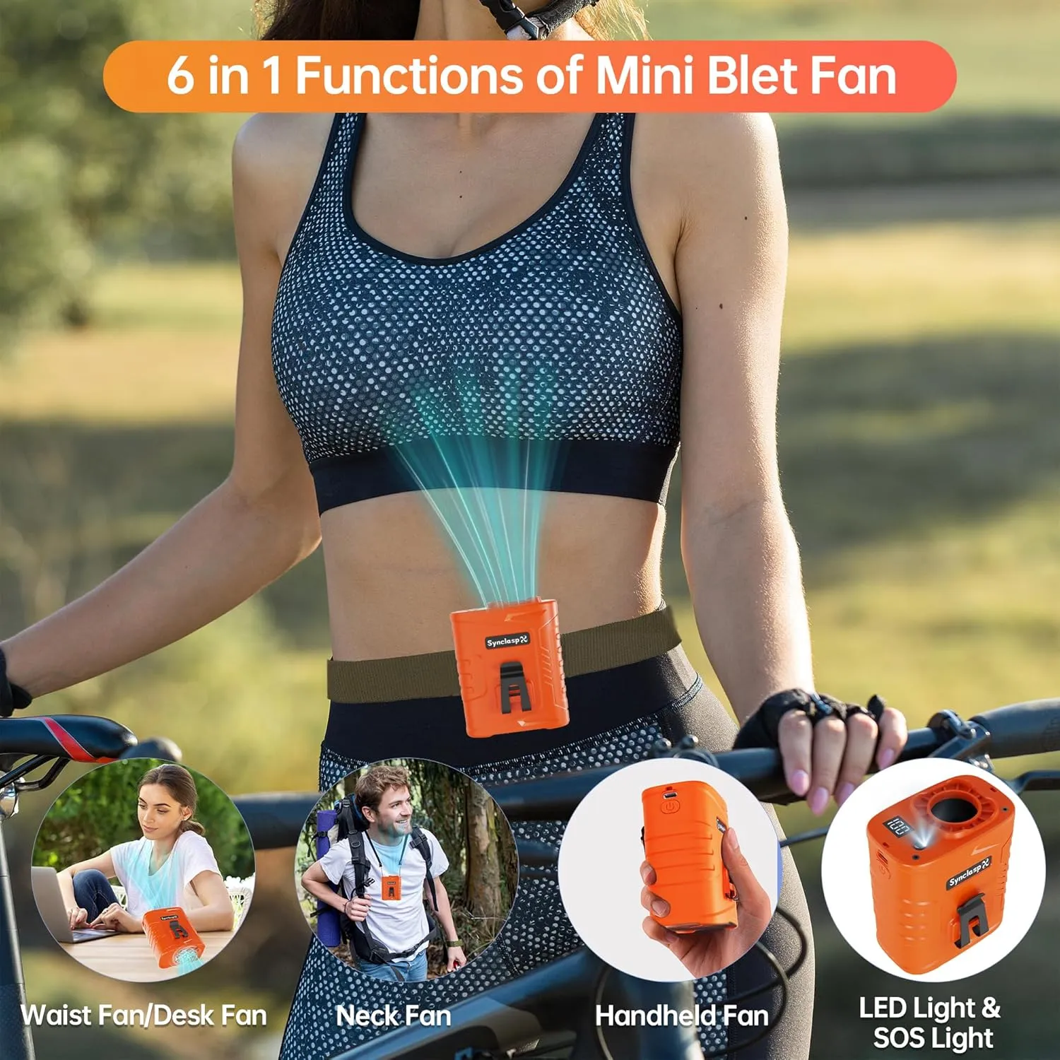 Portable Waist Fan - Belt Clip Fan with 5 Speeds, 39ft/s Ultra-Strong Wind, 5000mAh Rechargeable, 29H Runtime, LED Light, Red-Blue SOS Lamps for Jobsite, Farm, Camp
