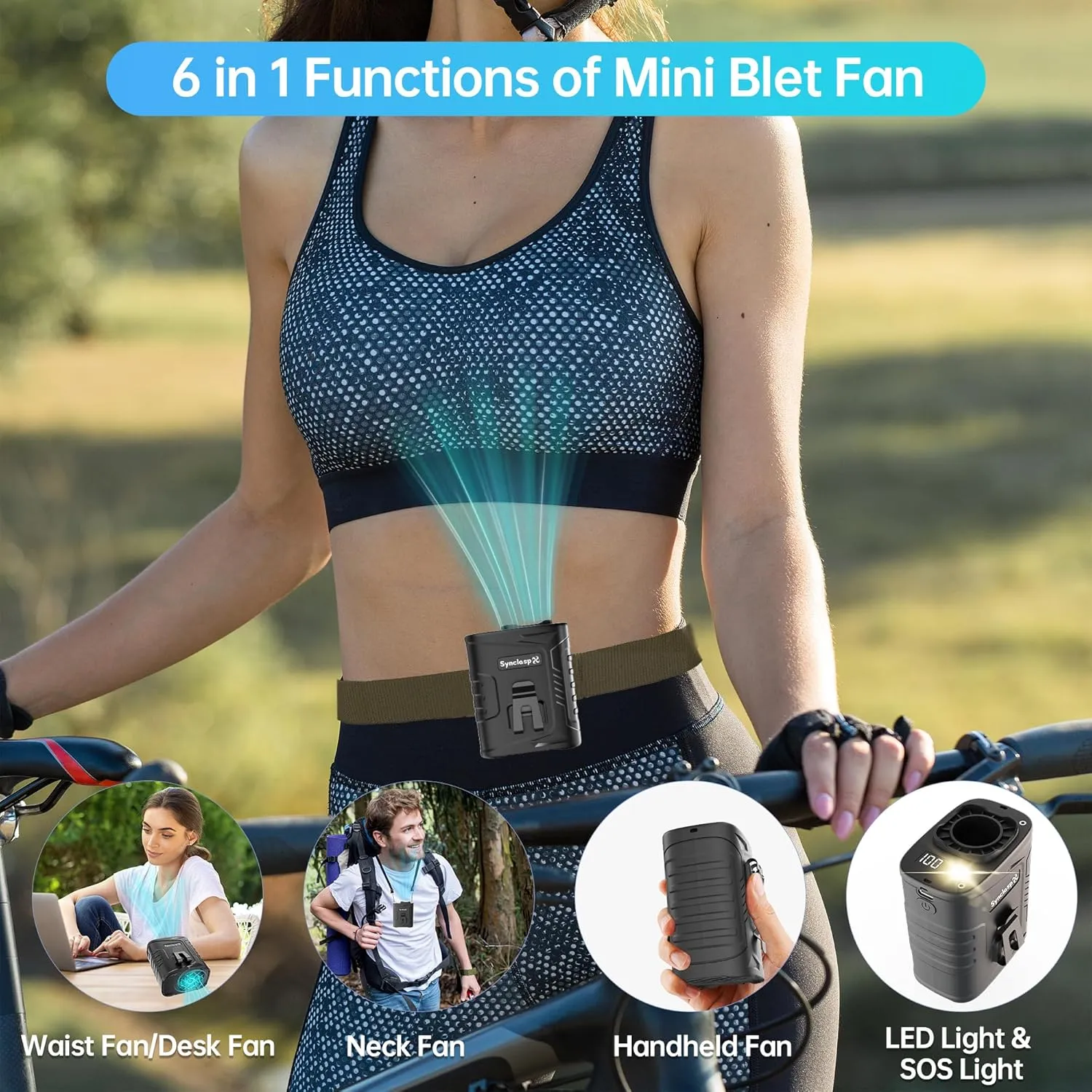 Portable Waist Fan - Belt Clip Fan with 5 Speeds, 39ft/s Ultra-Strong Wind, 5000mAh Rechargeable, 29H Runtime, LED Light, Red-Blue SOS Lamps for Jobsite, Farm, Camp