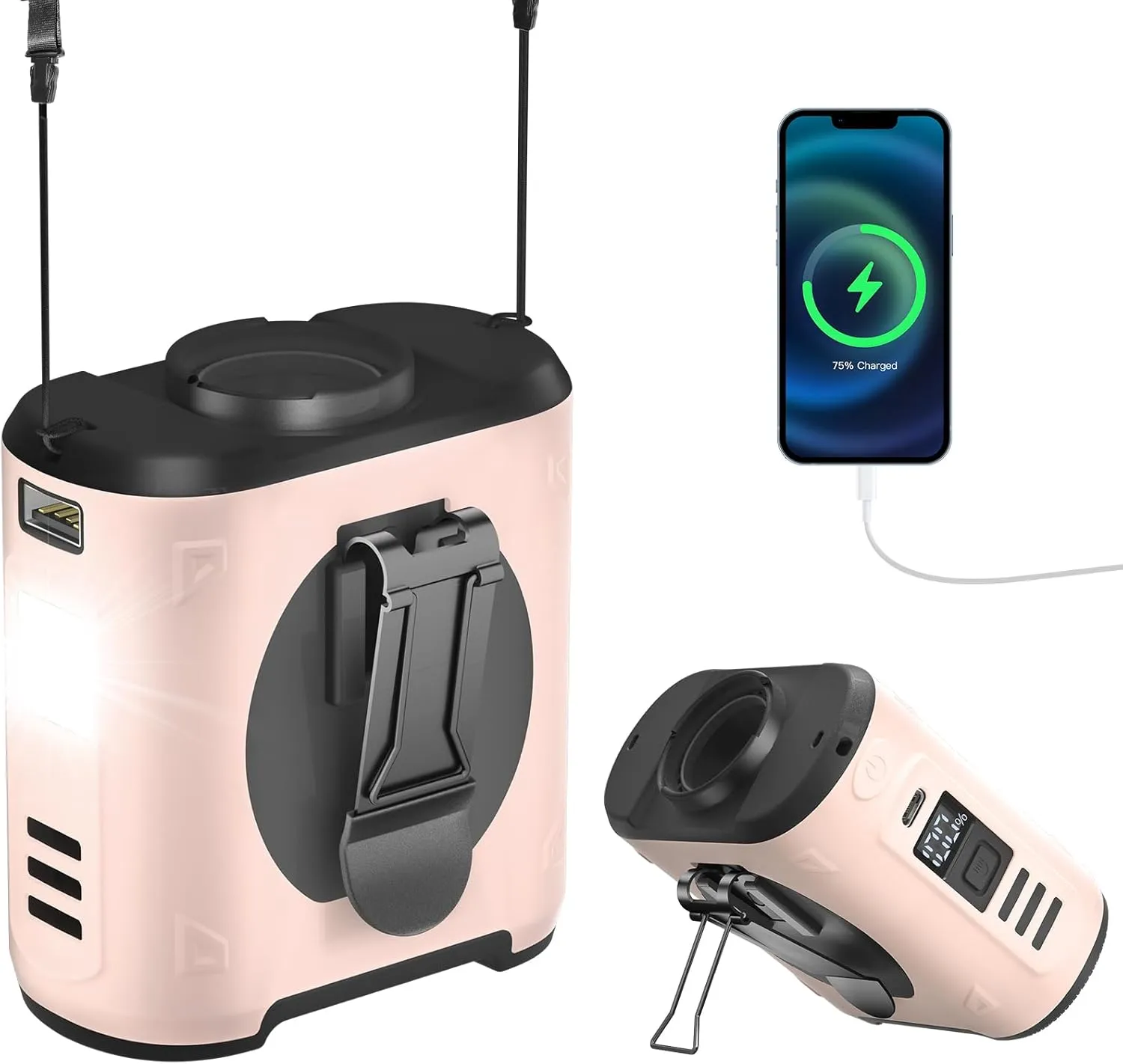 Portable Waist Fan Clip On 10000mAh Wearable Belt Personal Fan 16000RPM Rechargeable Battery operated with 5 Speeds Wind and Light 40H Hands-Free for Cooling Outdoor Camping (Pink) Waist-mounted portable fan for outdoor use