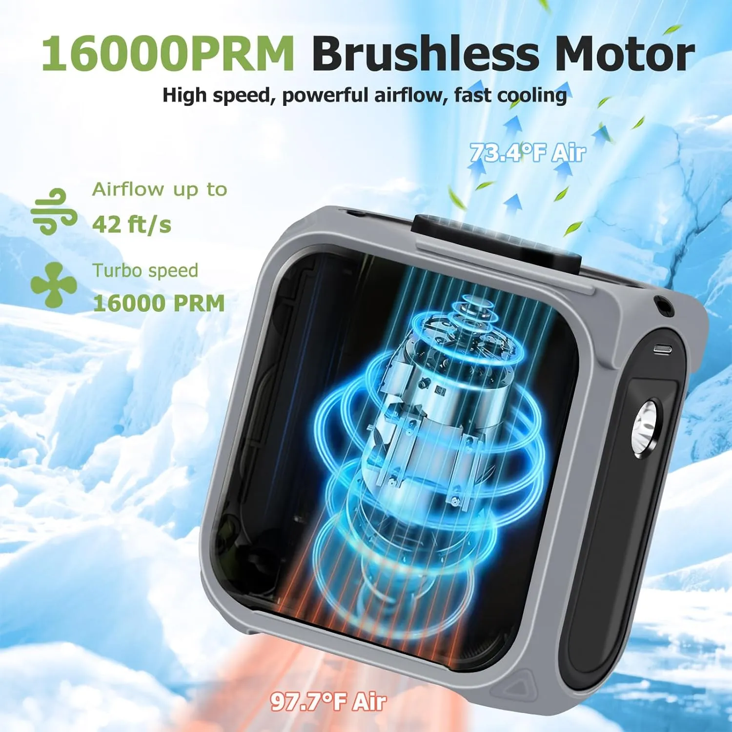 Portable Waist Fan Clip On, 5-Speed Turbo 16000RPM Cooling, 36H Runtime Rechargeable Fans 10000mAh with Light, Belt Clip on Fan for Shirt, Portable Fans for Travel, Camping, Hiking (Grey)