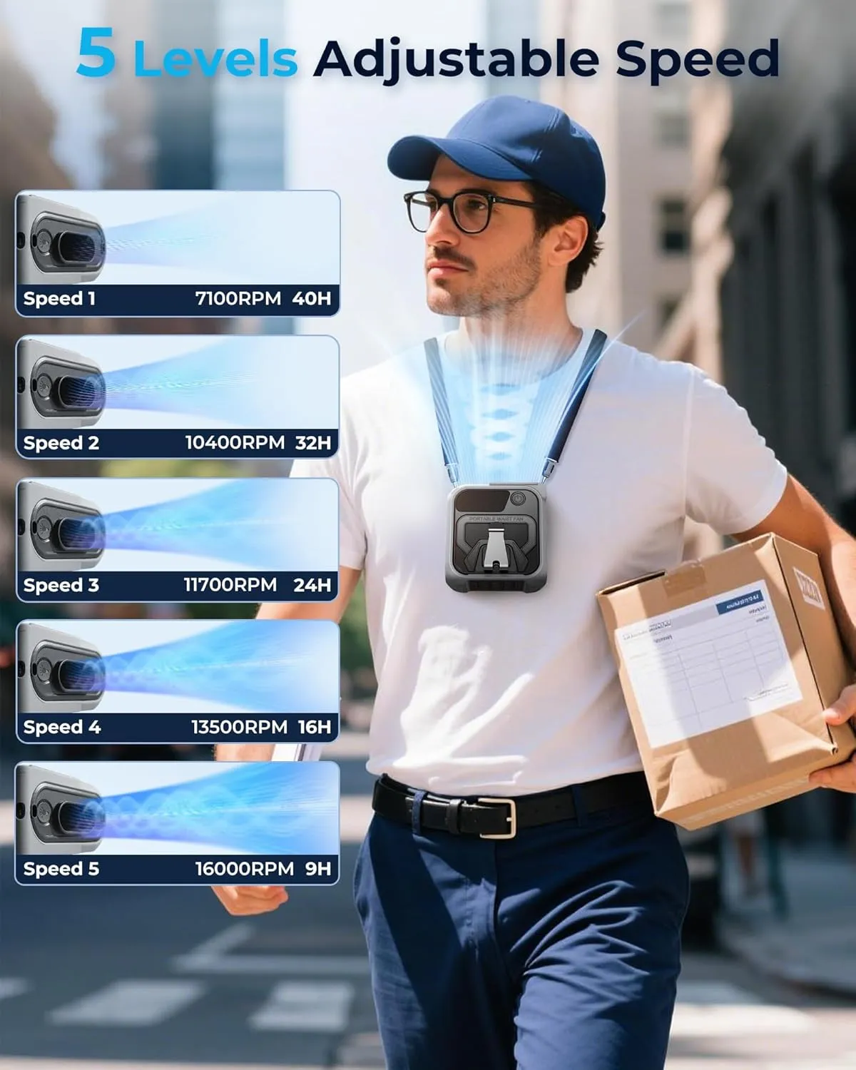 Portable Waist Fan Clip On, Belt Fan 10000mAh Rechargeable, 5-Speed Wearable Shirt Fans with LED Light, Hands-Free Cooling with Up to 40H Battery Life for Outdoor, Jobsite, Camping, and Travel-Grey