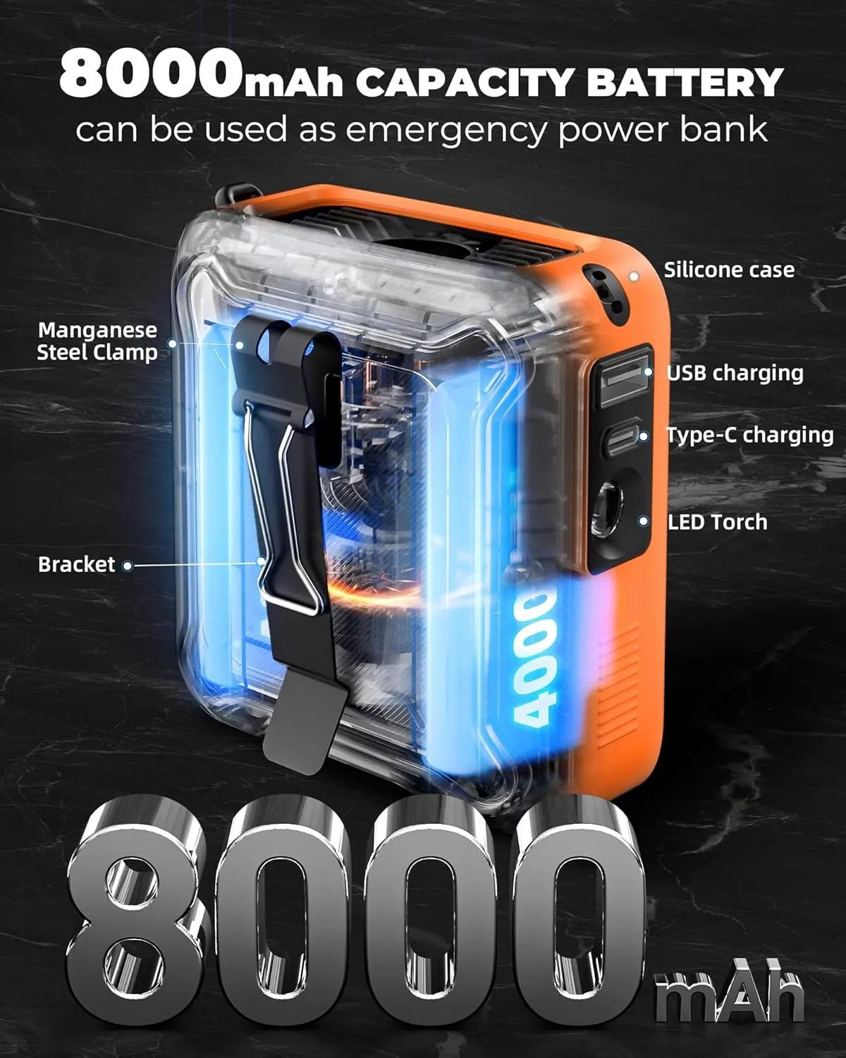 Portable Waist Fan Clip on Belt Under Shirt w/LED Display & Flashlight, 8000mAh Battery Powered, Rechargeable 5-Speed 14600RPM Personal Cooling Fan for Construction, Warehouse, Outdoor Jobsite, Orange