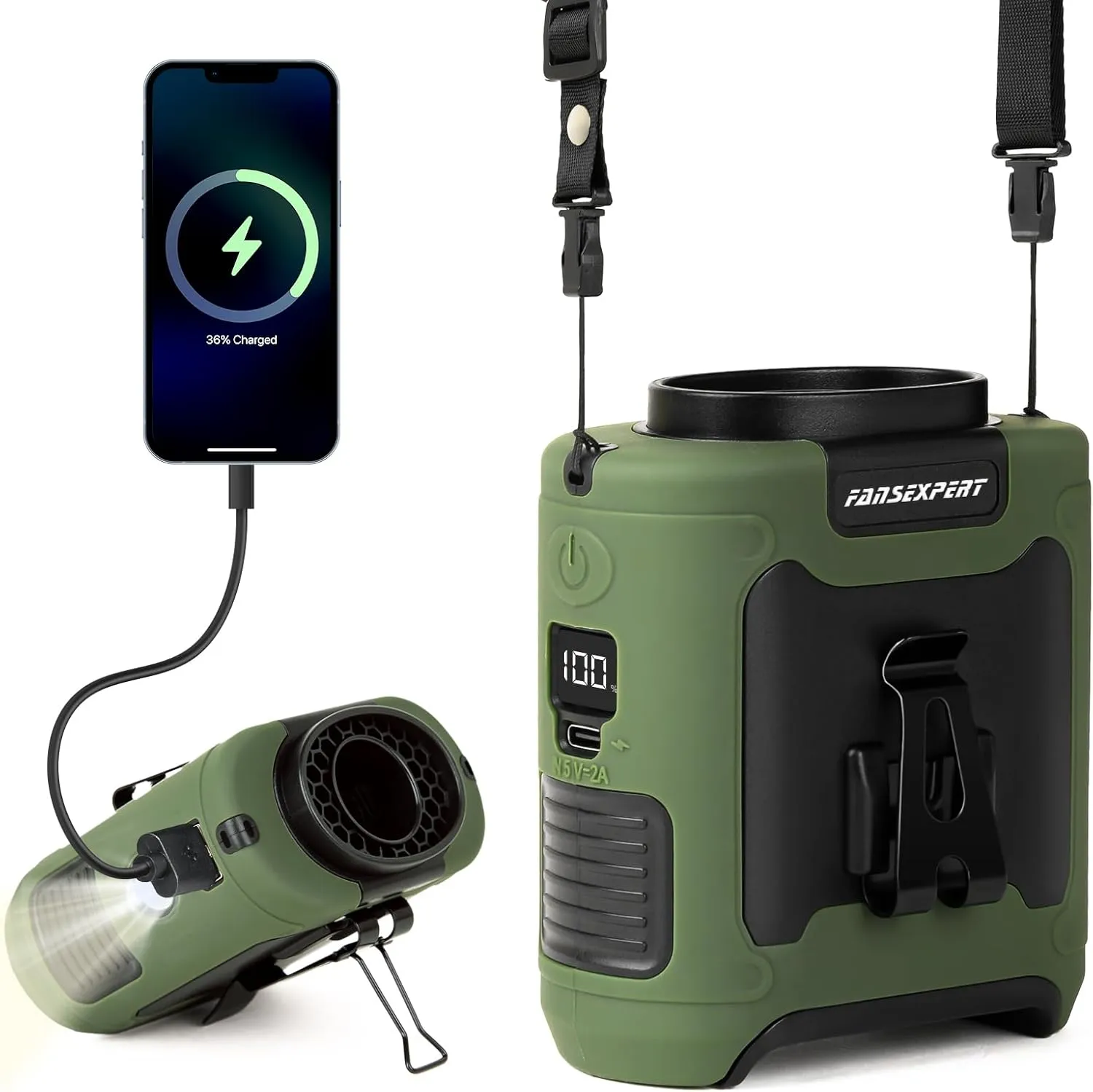 Portable Waist Fan Clip on, Personal Wearable Belt Fan 10000mAh Rechargeable Battery Under Shirt,5 Speeds with light, Neck Fan Hands-Free Cooling For Outdoor Camping Travel (Green) Waist-mounted portable fan for outdoor use
