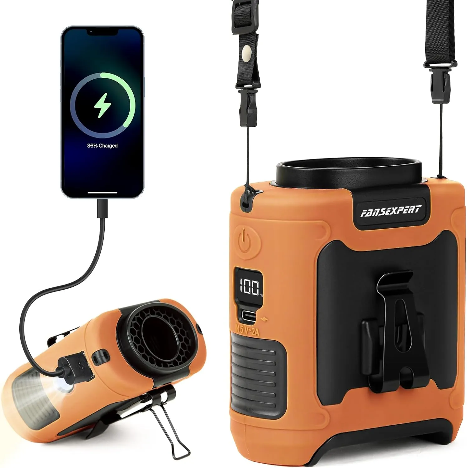 Portable Waist Fan Clip on, Personal Wearable Belt Fan 10000mAh Rechargeable Battery Under Shirt,5 Speeds with light, Neck Fan Hands-Free Cooling For Outdoor Camping Travel (Orange) Waist-mounted portable fan for outdoor use