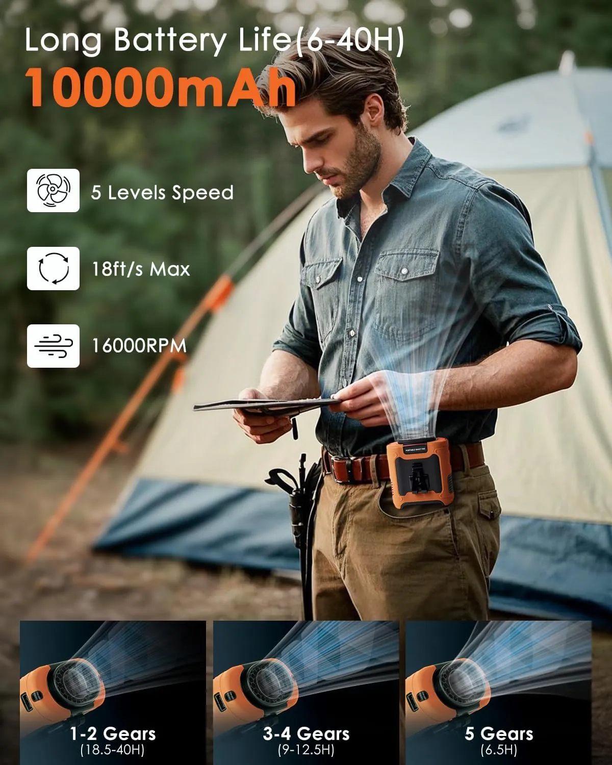 Portable Waist Fan Clip on, Personal Wearable Belt Fan 10000mAh Rechargeable Battery Under Shirt,5 Speeds with light, Neck Fan Hands-Free Cooling For Outdoor Camping Travel (Orange)