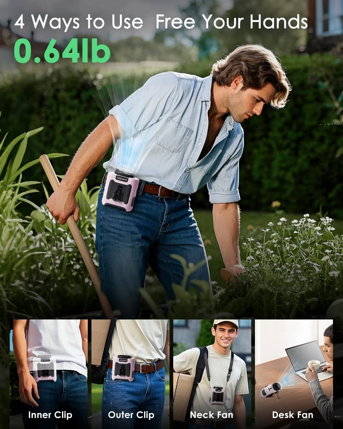 Portable Waist Fan Clip on, Personal Wearable Belt Fan 10000mAh Rechargeable Battery Under Shirt,5 Speeds with light, Neck Fan Hands-Free Cooling For Outdoor Camping Travel (Pink)