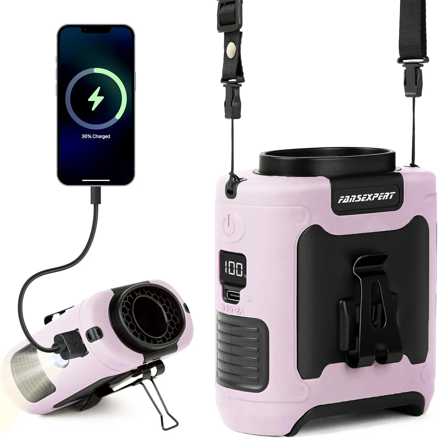 Portable Waist Fan Clip on, Personal Wearable Belt Fan 10000mAh Rechargeable Battery Under Shirt,5 Speeds with light, Neck Fan Hands-Free Cooling For Outdoor Camping Travel (Pink) Waist-mounted portable fan for outdoor use