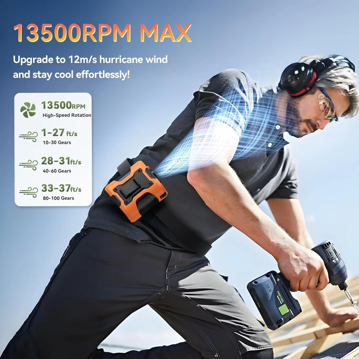 Portable Waist Fan Clip on with Light, 12M/S Quiet & Powerful Silencer Motor, 100 Speeds Wearable Belt Personal Shirt Fan, Digital Display, Upto 24H Cooling and Heatstroke Prevention(Orange)