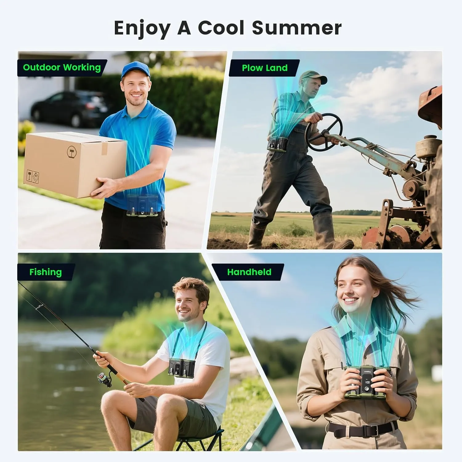 Portable Waist Fan, High Speed Dual-Motor Personal Rechargeable Fan, 1-150 Adjustable Wind Speed Clip-on Wearable Belt & Hands-Free Neck Fan for Oudoor, Camping, Jobsite - Green