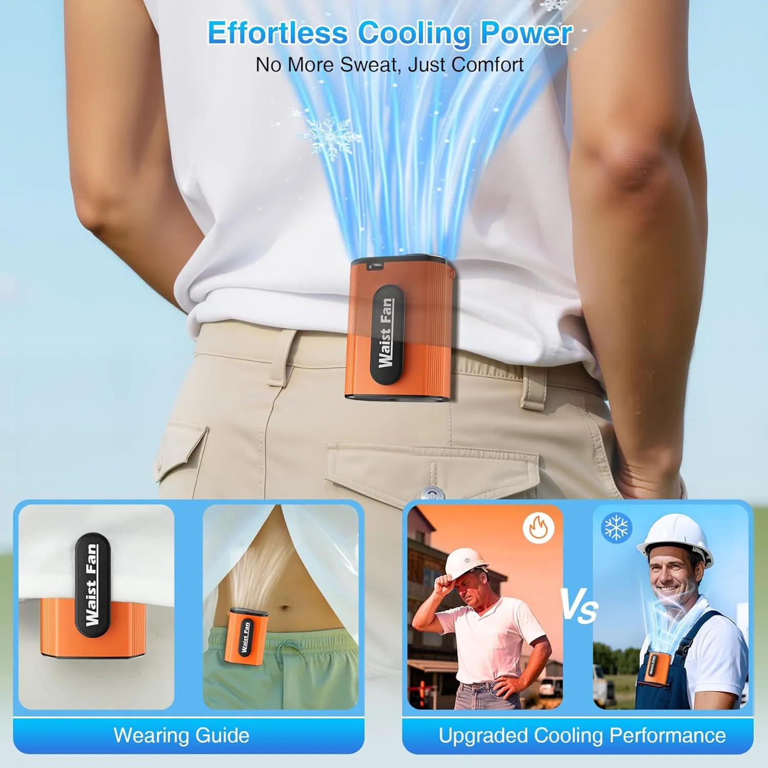 Portable Waist Fan, Neck Fan Rechargeble with 4-Speed Setting, 17500RPM Strong Airflow, Dual-Sided Clip on Personal Wearable Shirt Belt Fan Battery Operated For Travel, Jobsite,Camping,Orange