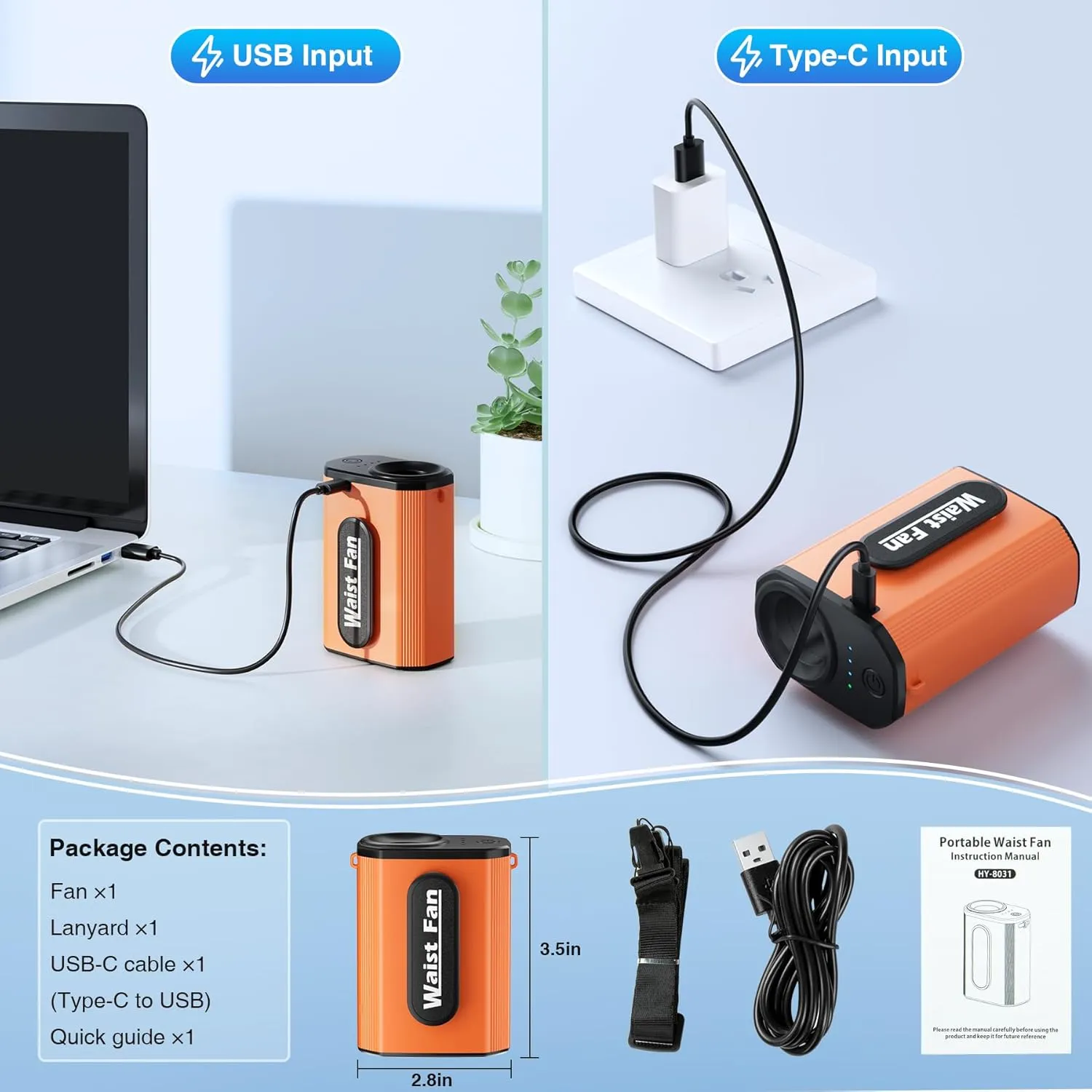 Portable Waist Fan, Neck Fan Rechargeble with 4-Speed Setting, 17500RPM Strong Airflow, Dual-Sided Clip on Personal Wearable Shirt Belt Fan Battery Operated For Travel, Jobsite,Camping,Orange