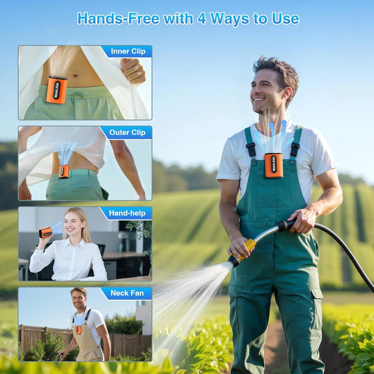 Portable Waist Fan, Neck Fan Rechargeble with 4-Speed Setting, 17500RPM Strong Airflow, Dual-Sided Clip on Personal Wearable Shirt Belt Fan Battery Operated For Travel, Jobsite,Camping,Orange