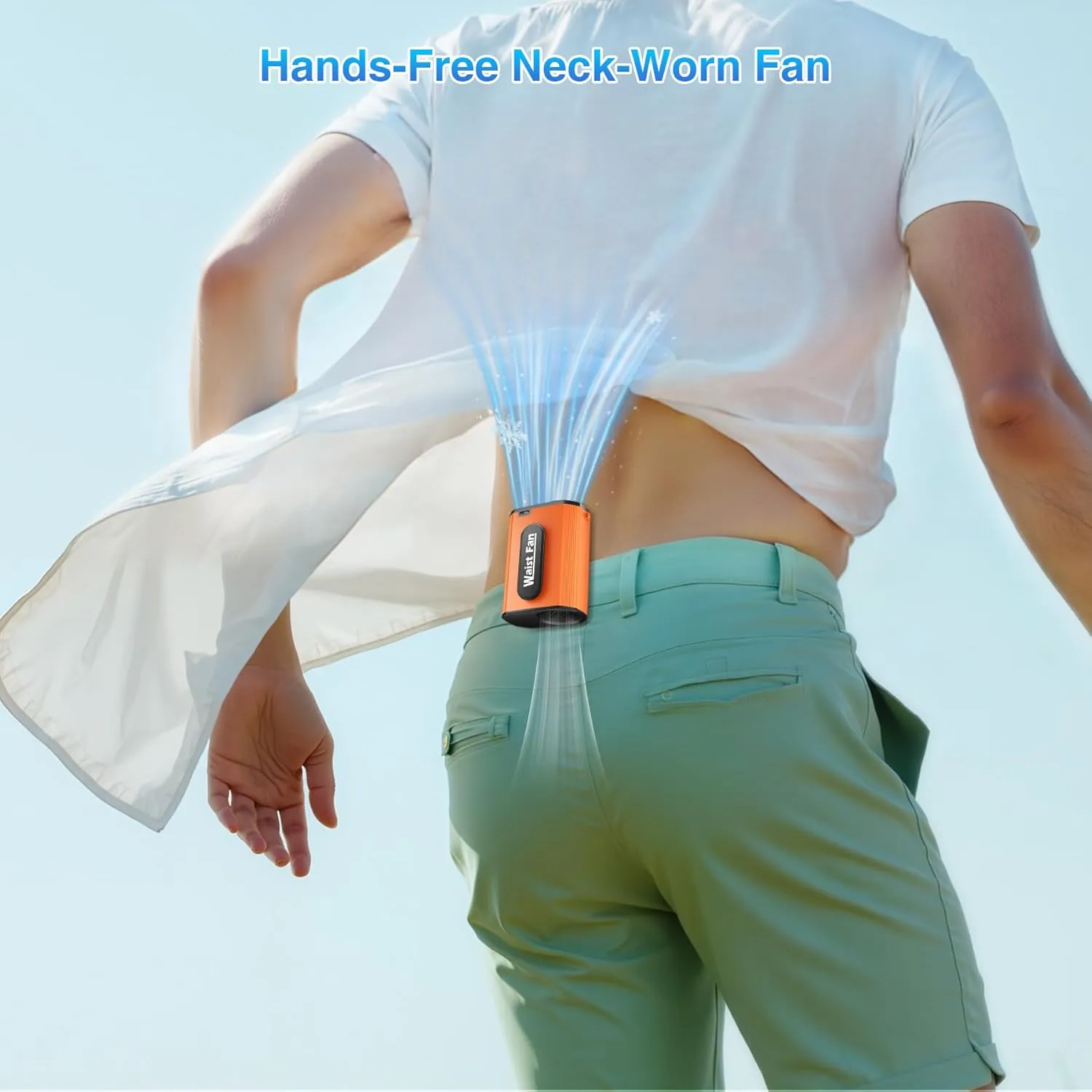 Portable Waist Fan, Neck Fan Rechargeble with 4-Speed Setting, 17500RPM Strong Airflow, Dual-Sided Clip on Personal Wearable Shirt Belt Fan Battery Operated For Travel, Jobsite,Camping,Orange