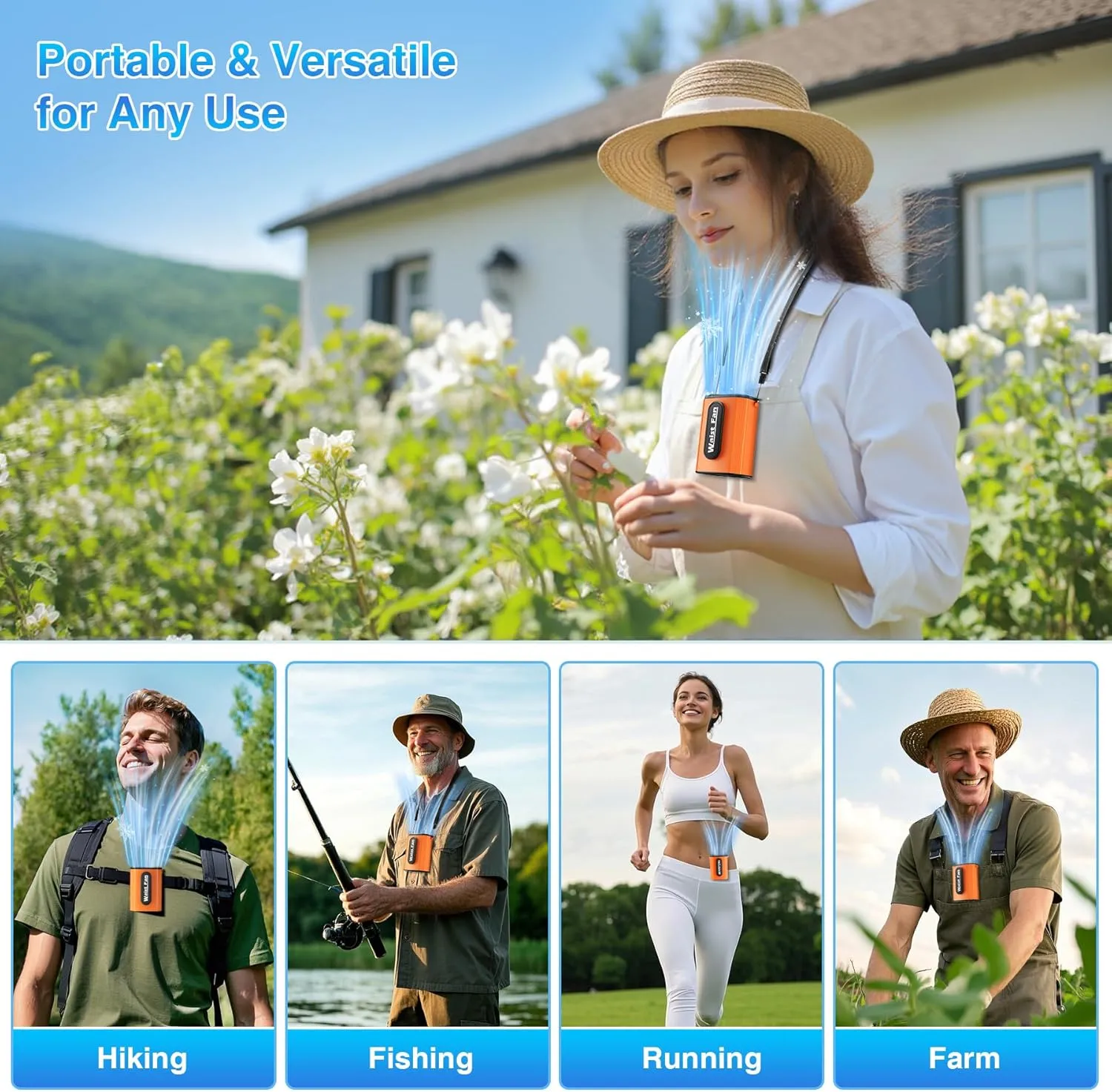 Portable Waist Fan, Neck Fan Rechargeble with 4-Speed Setting, 17500RPM Strong Airflow, Dual-Sided Clip on Personal Wearable Shirt Belt Fan Battery Operated For Travel, Jobsite,Camping,Orange