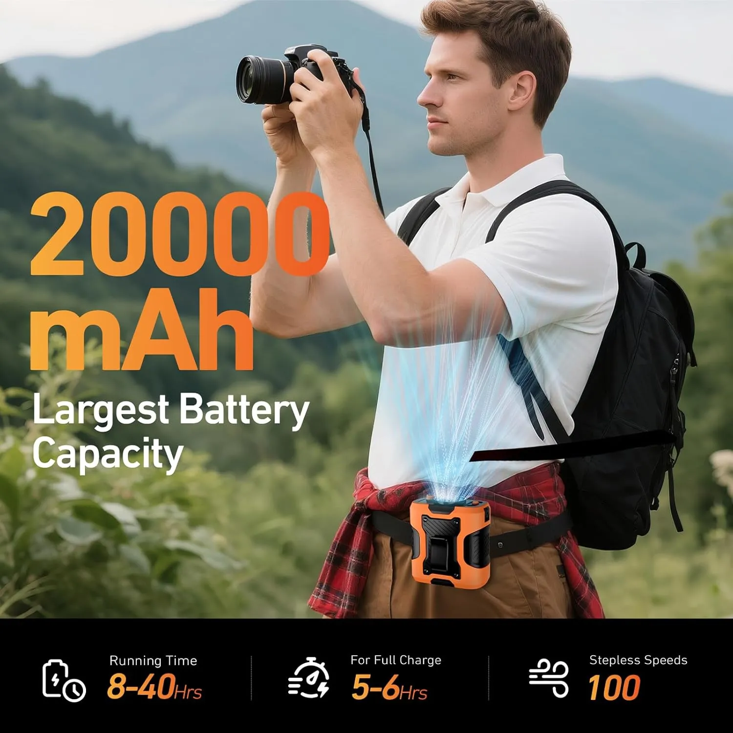 Portable Waist Fan Personal 20000mah 100 Speeds Clip On Shirt Fan Belt Cooling Device Wearable Cool Body Blow Cold Air Rechargeable Pocket Mini Men Workers Outdoor Travel Hiking Gifts