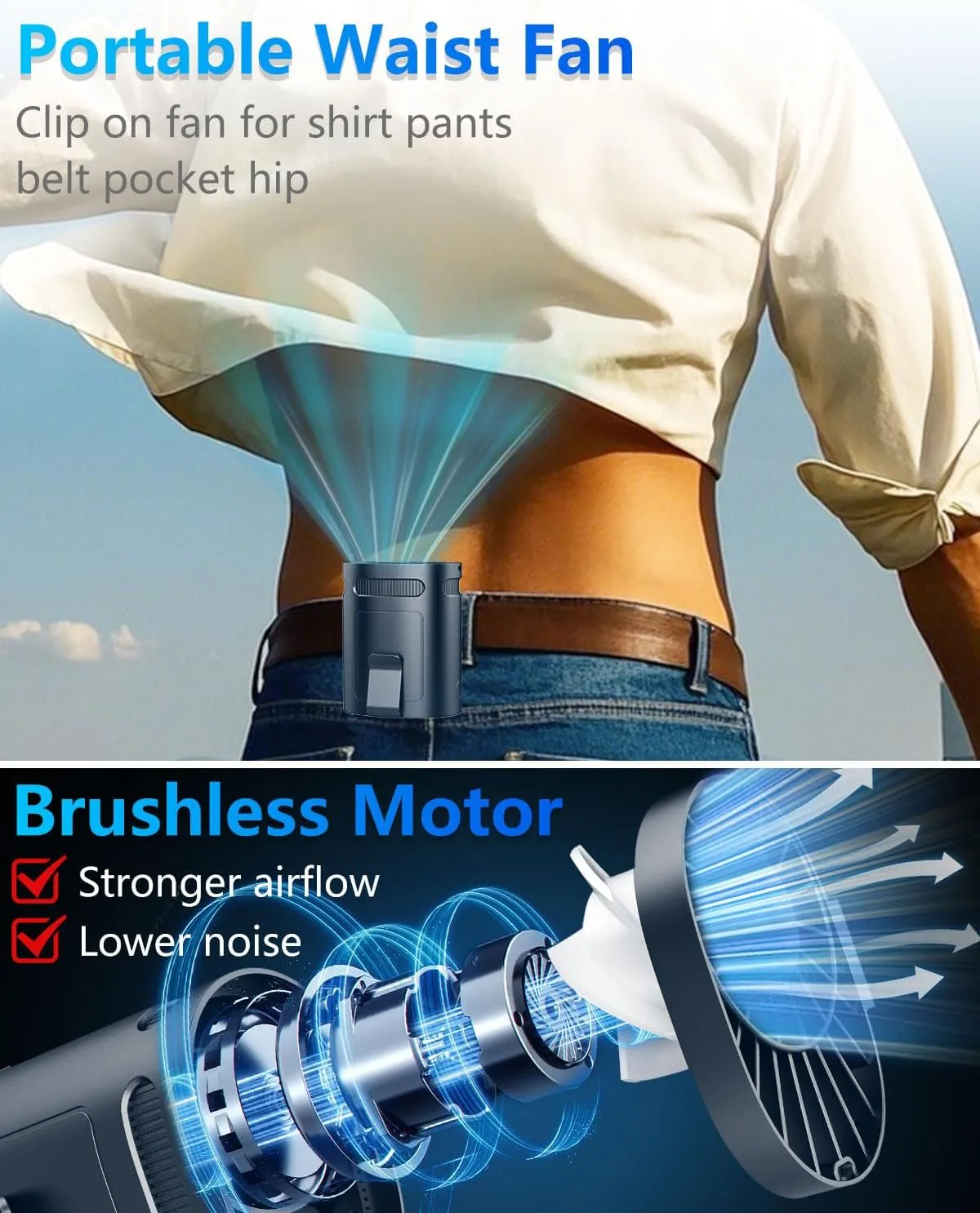 Portable Waist Fan-Personal Battery Operated Clip on Fan for Shirt Belt Buckle Hip Under Clothes,Cordless Chargeable Waist Fans that Blow Cold Air,Cooling Wearable USB Neck Cooler Azure Blue