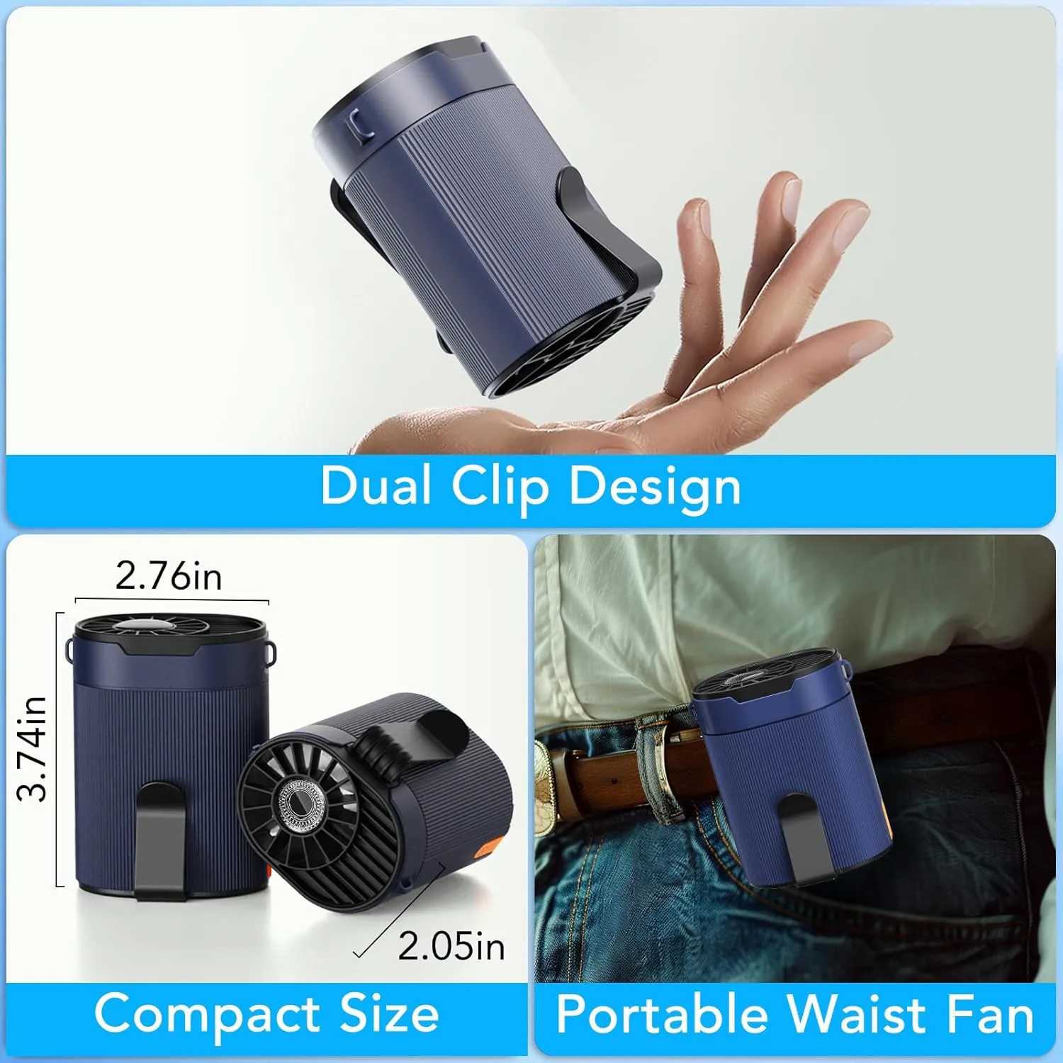 Portable Waist Fan, Rechargeable 3000mAh Battery, 25H Runtime, 6600RPM Turbo Dual Clip, 4 Speeds Adjustable, Belt Fans for Hiking, Riding, Fishing, Hands-Free Hanging Fan Gifts for Hiker, Worker