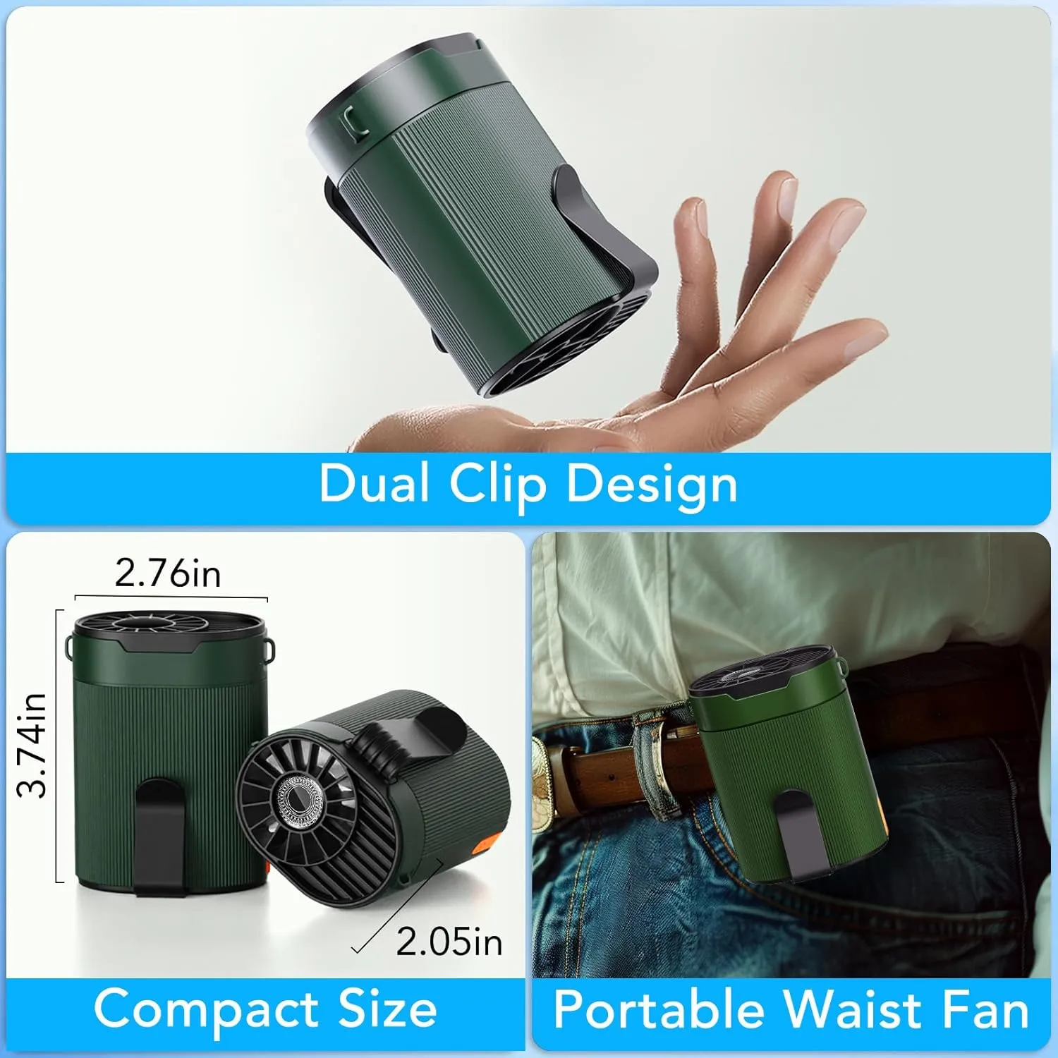 Portable Waist Fan, Rechargeable 3000mAh Battery, 25H Runtime, 6600RPM Turbo Dual Clip, 4 Speeds Adjustable, Belt Fans for Hiking, Riding, Fishing, Hands-Free Hanging Fan Gifts for Hiker, Worker