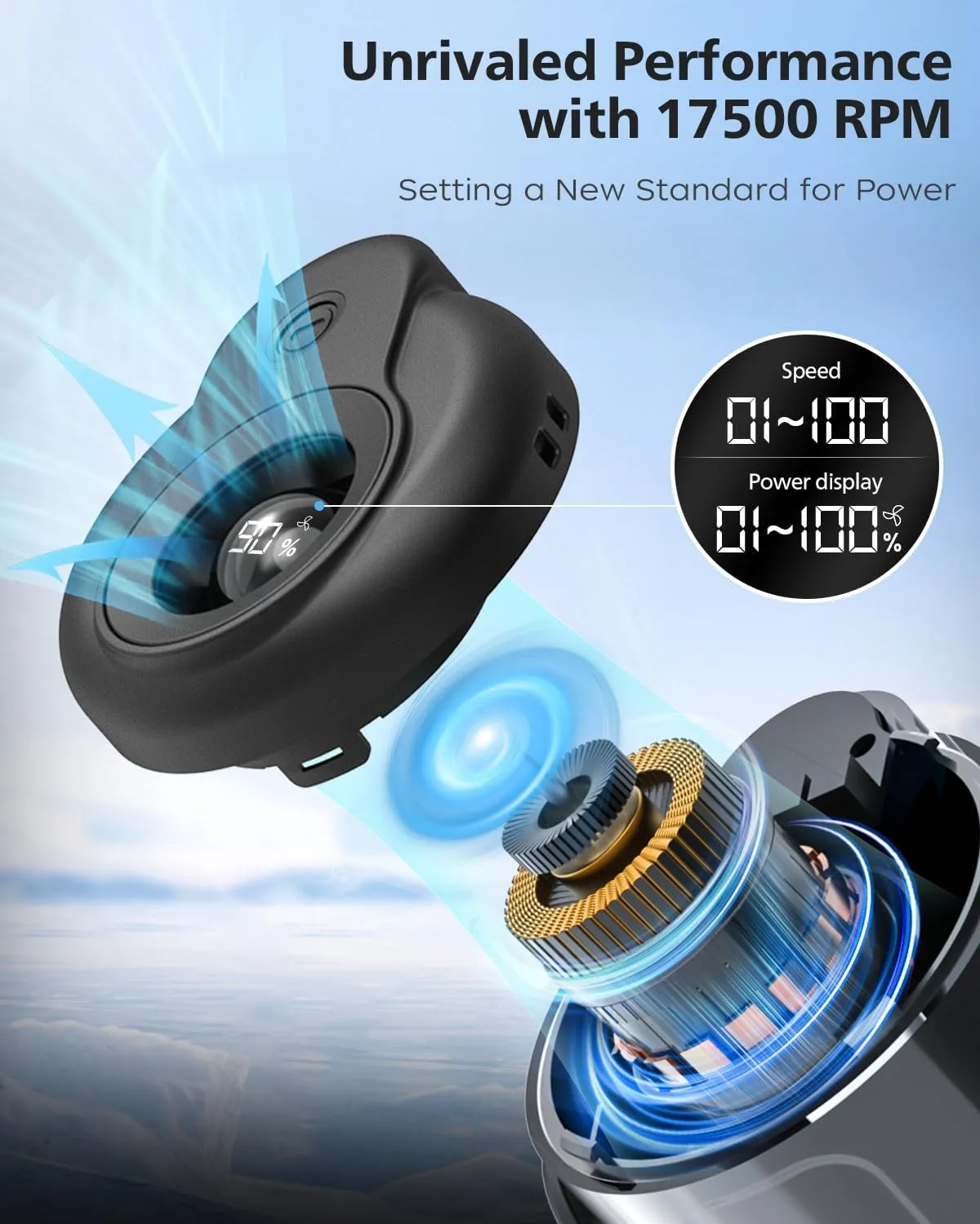 Portable Waist Fan, Rechargeable Hands-Free Neck Fan with 17500 RPM Strong Airflow, 100 Adjustable Speeds, LED Display, Lightweight and Durable Design, Perfect for Outdoor, Jobsite, Hiking, Camping