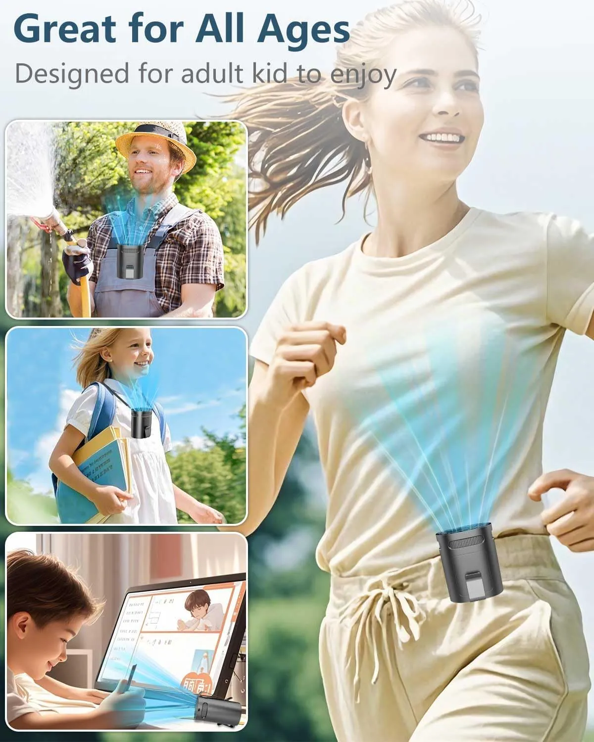 Portable Waist Fan Rechargeable-Mini Small Personal Battery Operated Fan,Hands Free Clip On Fans for Shirt Pants Belt Buckle Loop Pocket,Black Silent Necklace Wear Cooling AC for Adults Child Outdoor