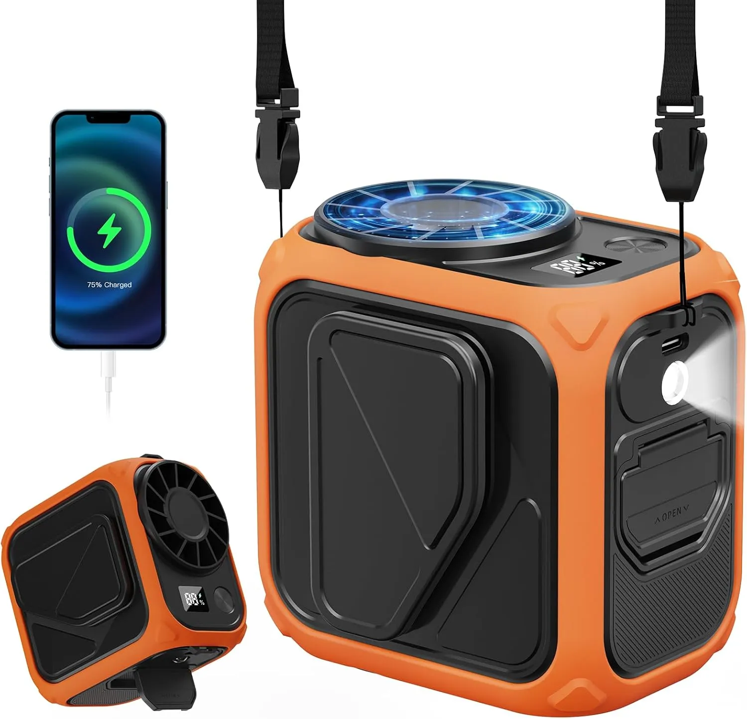 Portable Waist Fan Rechargeable,10000mAh Mini Neck Fan With AI Chip,5 Speeds Strong Airflow, Max 20H Working Time,LED Light, Personal Clip Belt Fan for Outdoor,Traveling,Jobsite(Orange). Waist-mounted portable fan for outdoor use