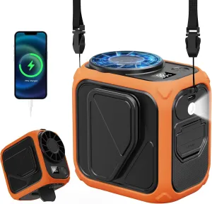 Portable Waist Fan Rechargeable,10000mAh Mini Neck Fan With AI Chip,5 Speeds Strong Airflow, Max 20H Working Time,LED Light, Personal Clip Belt Fan for Outdoor,Traveling,Jobsite(Orange). Waist-mounted portable fan for outdoor use